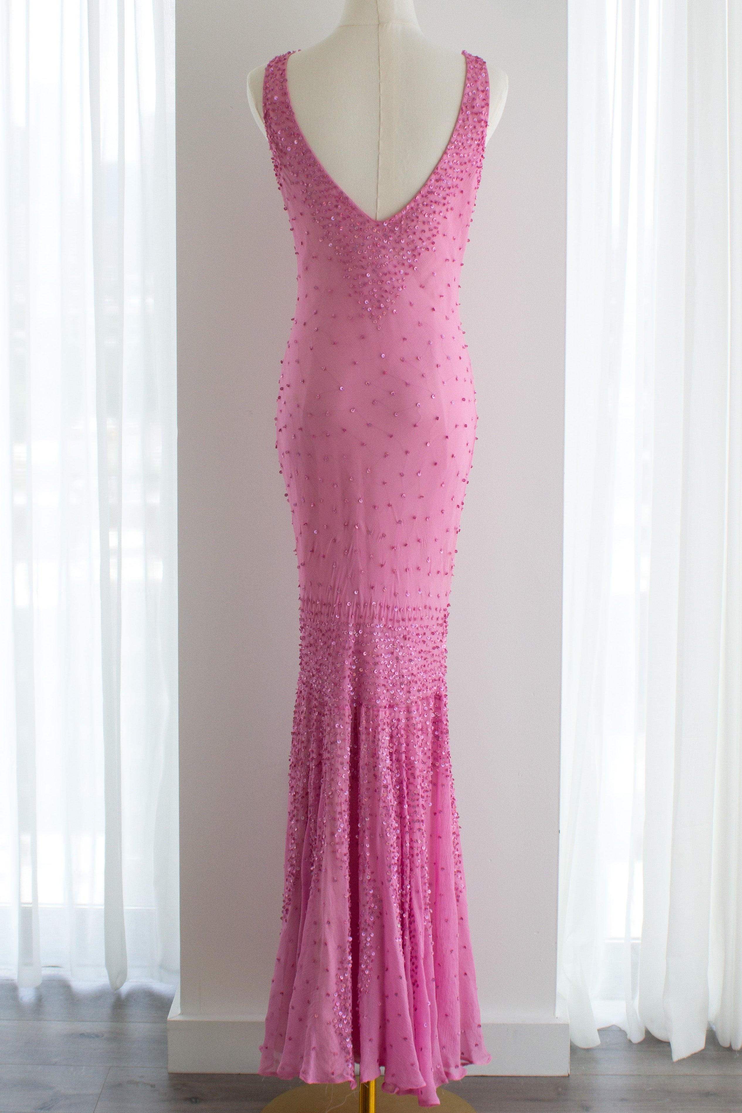 Italian Vintage Candy Pink Sequin Embellished Silk Mermaid Dress Gown