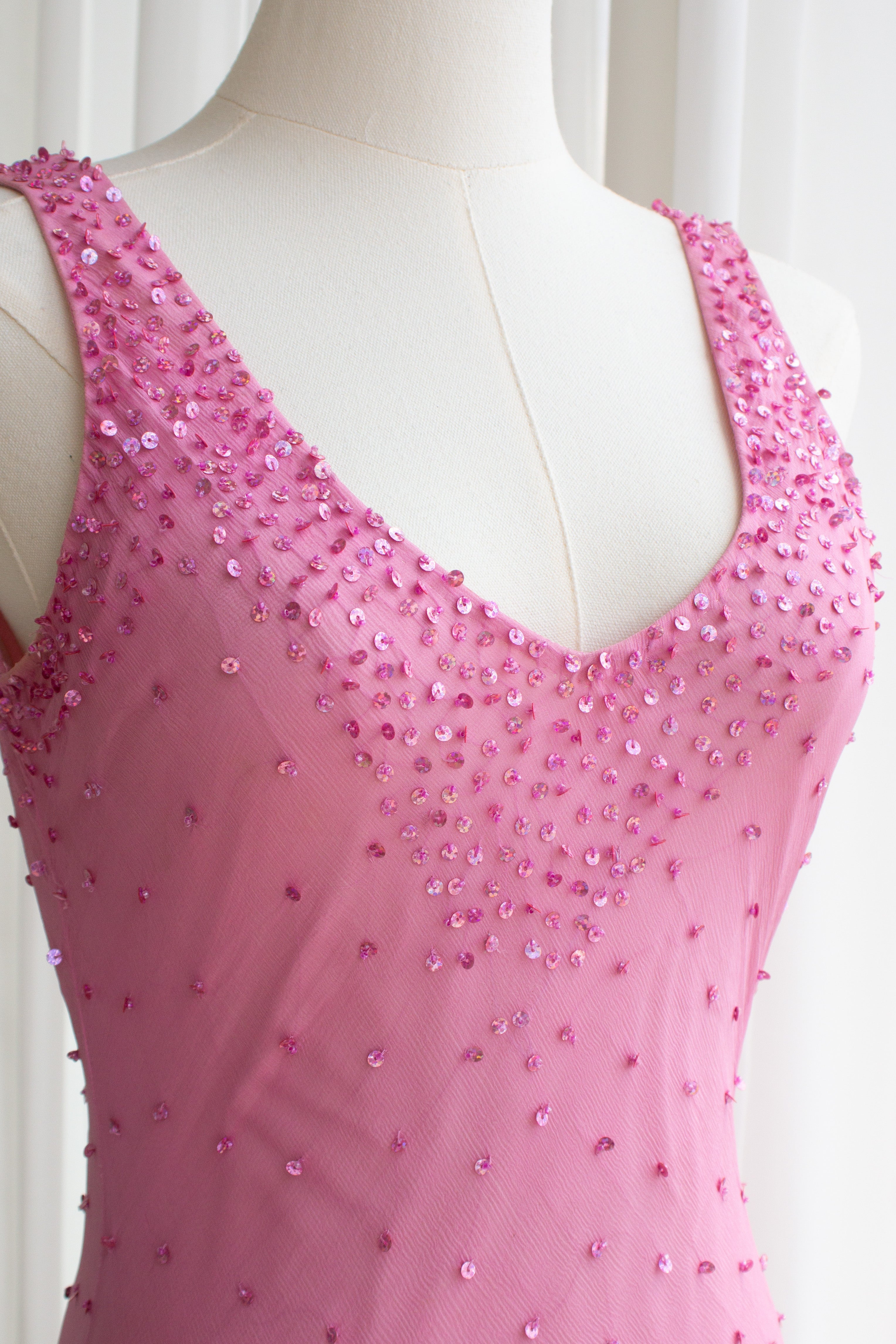 Italian Vintage Candy Pink Sequin Embellished Silk Mermaid Dress Gown