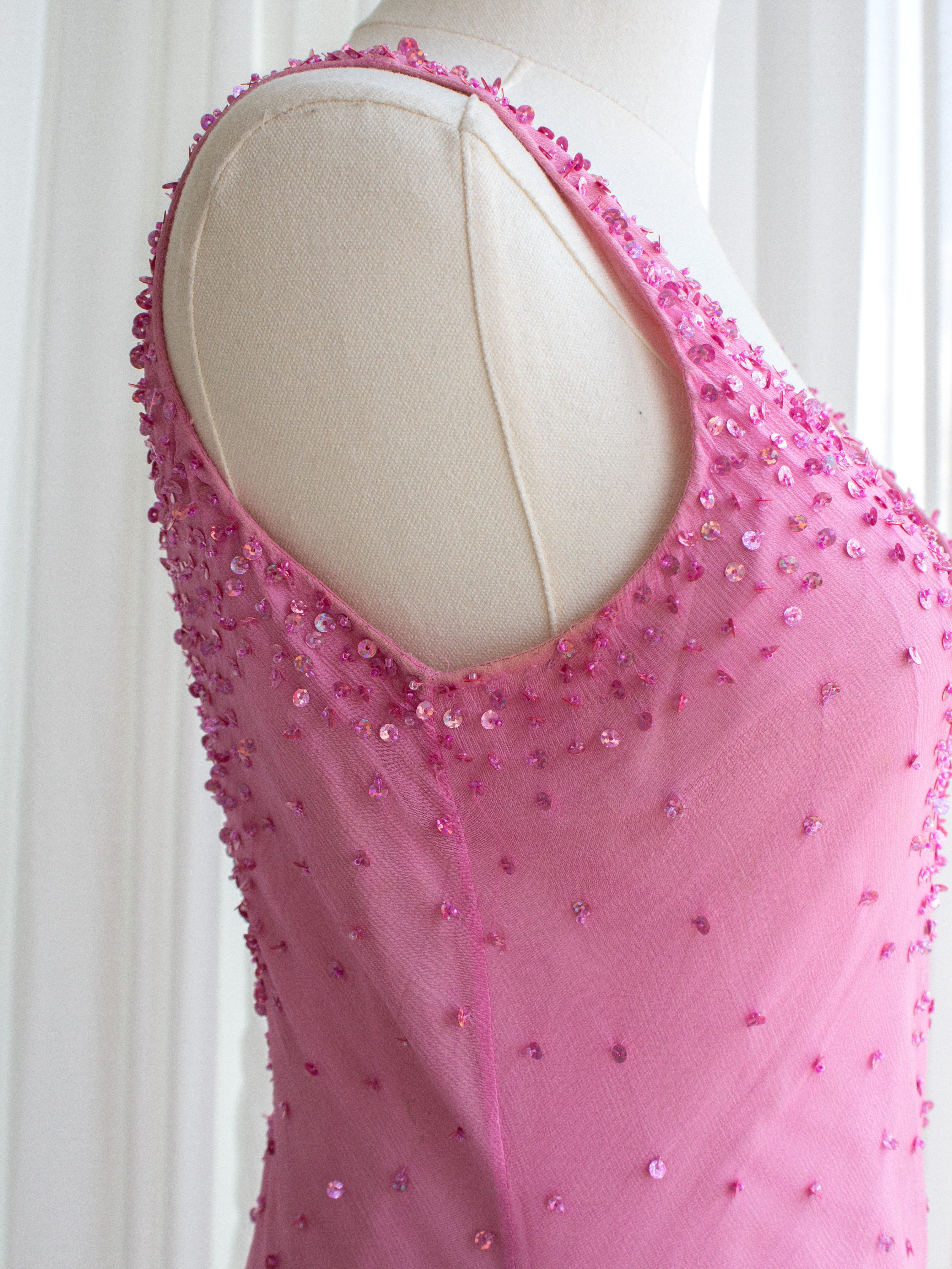 Italian Vintage Candy Pink Sequin Embellished Silk Mermaid Dress Gown