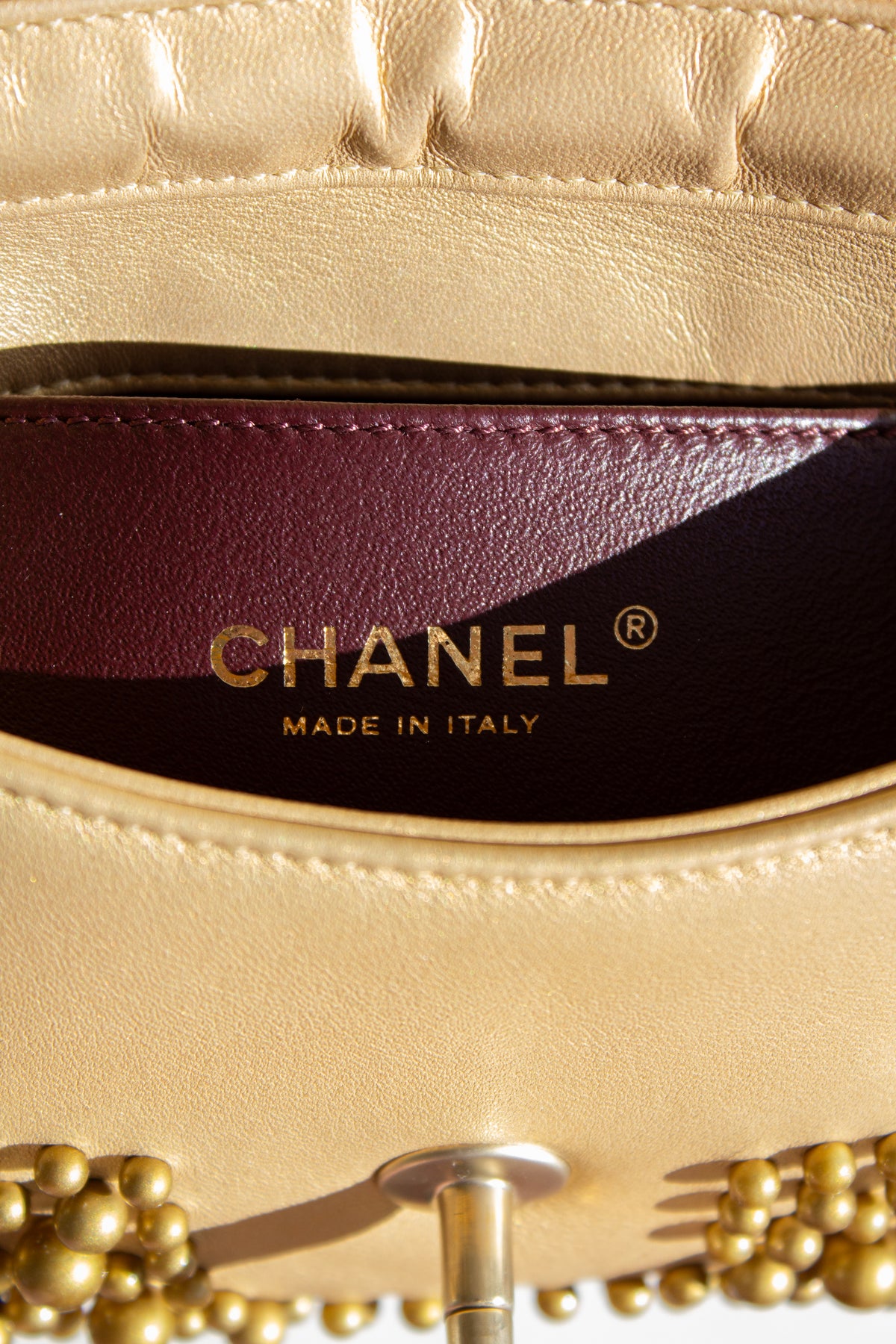 Chanel Cruise 2015 Dubai Gold Pearl-Embellished Lambskin Mini Flap Bag
