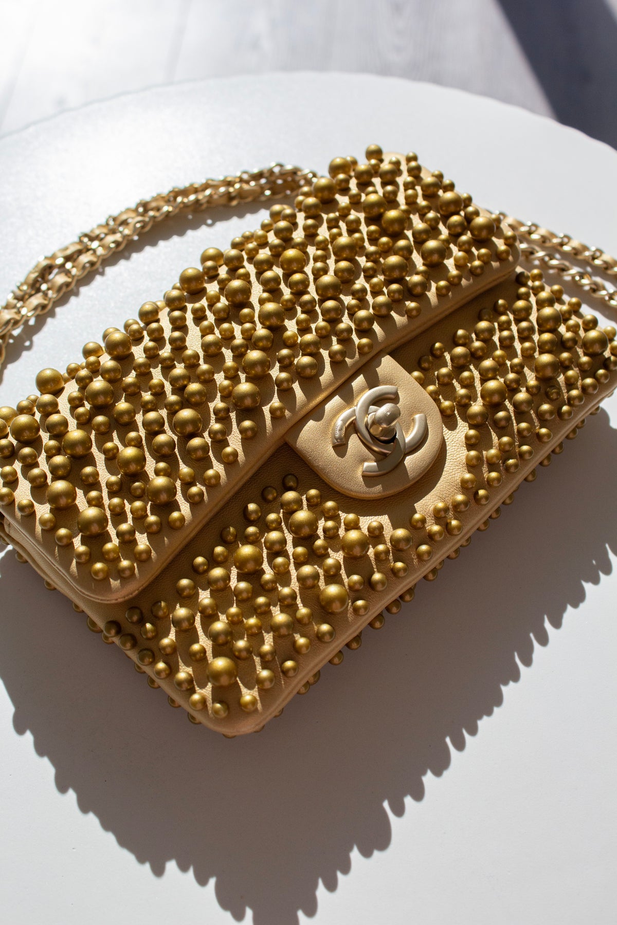 Chanel Cruise 2015 Dubai Gold Pearl-Embellished Lambskin Mini Flap Bag