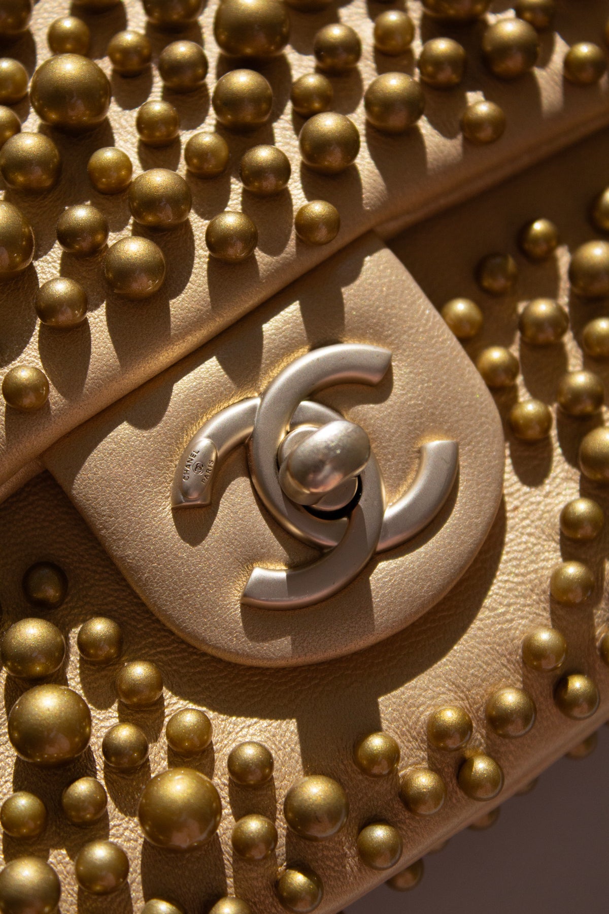 Chanel Cruise 2015 Dubai Gold Pearl-Embellished Lambskin Mini Flap Bag