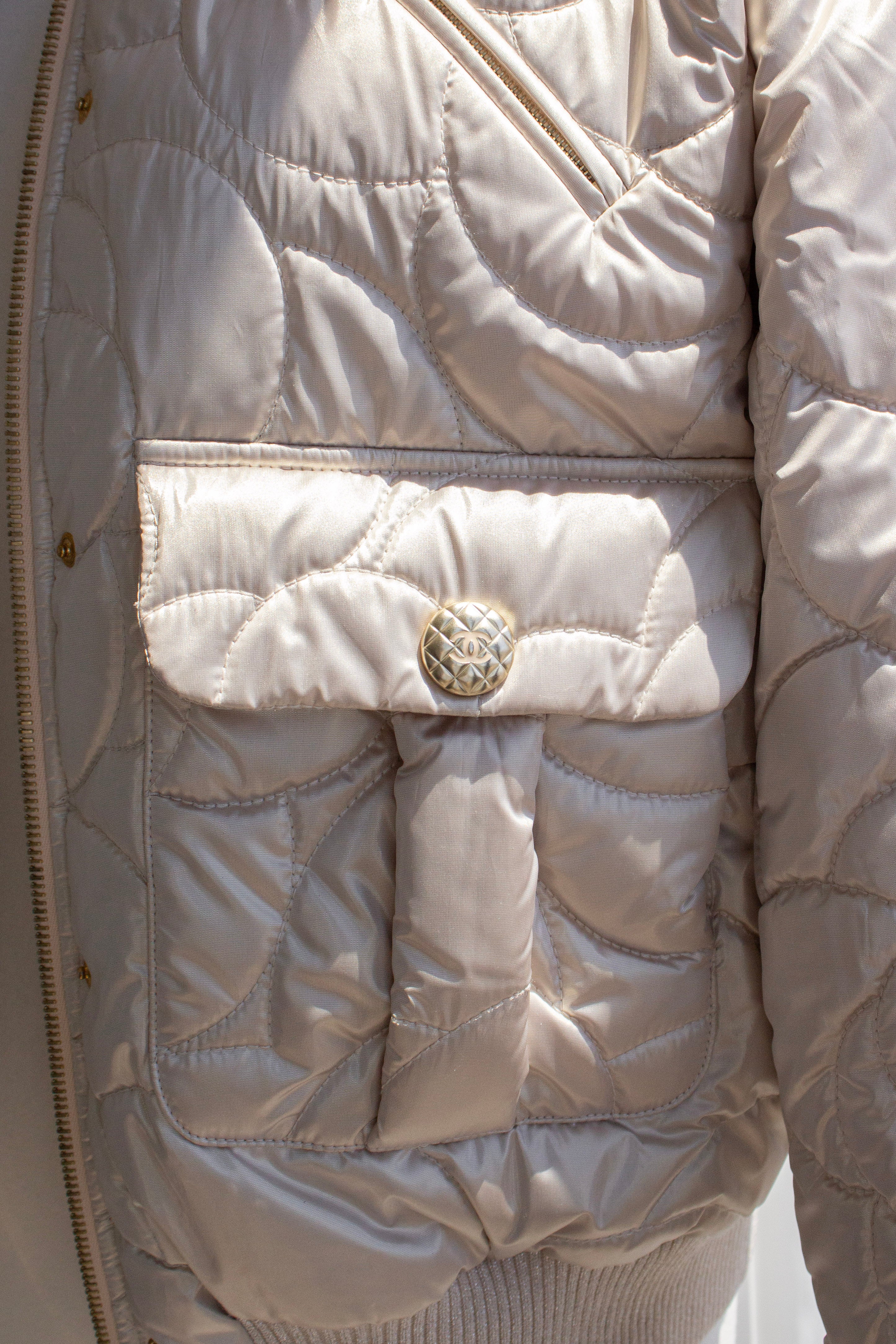 Chanel Coco Neige 2018 Iridescent Gold Camellia 18B Puffer Down Jacket