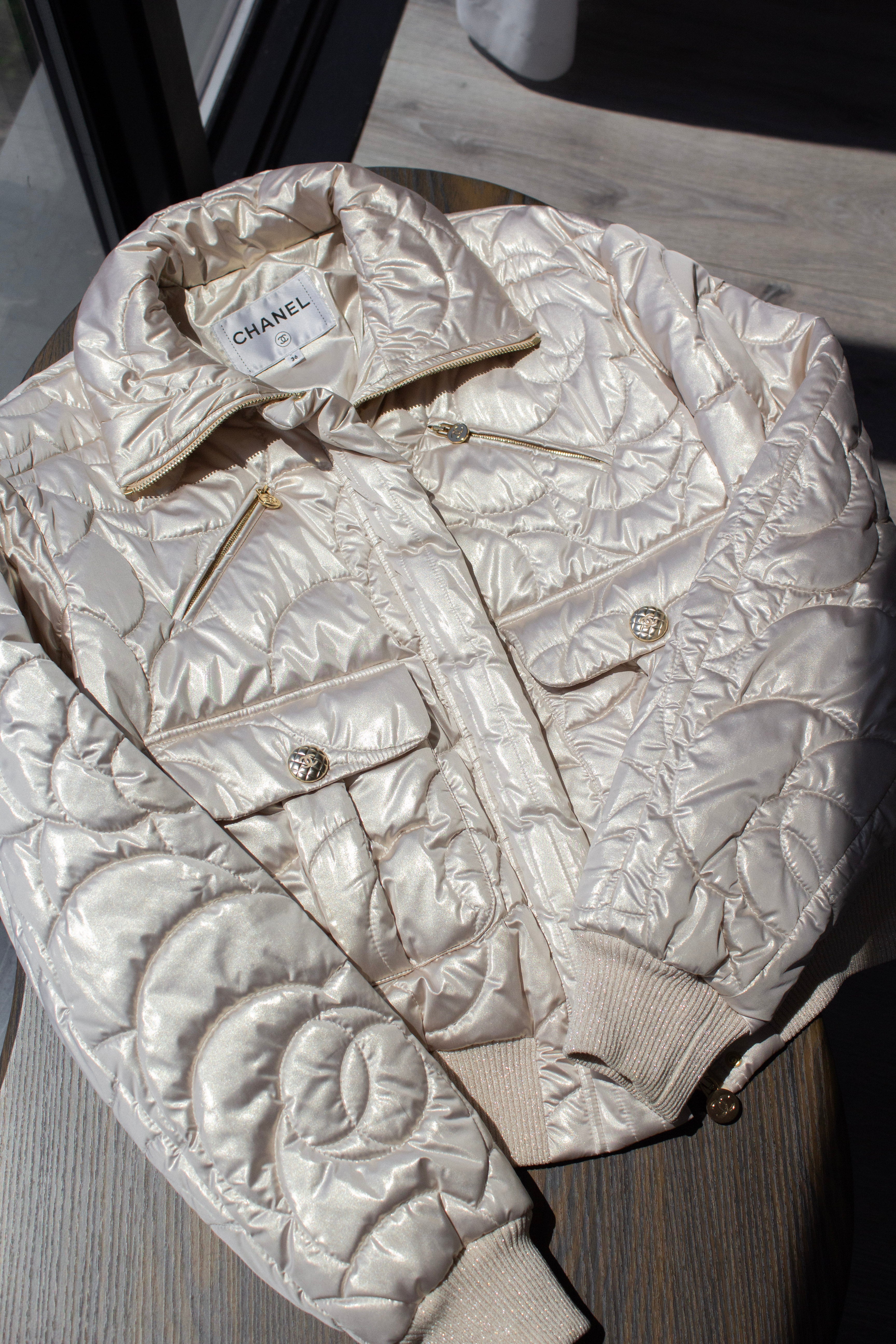 Chanel Coco Neige 2018 Iridescent Gold Camellia 18B Puffer Down Jacket