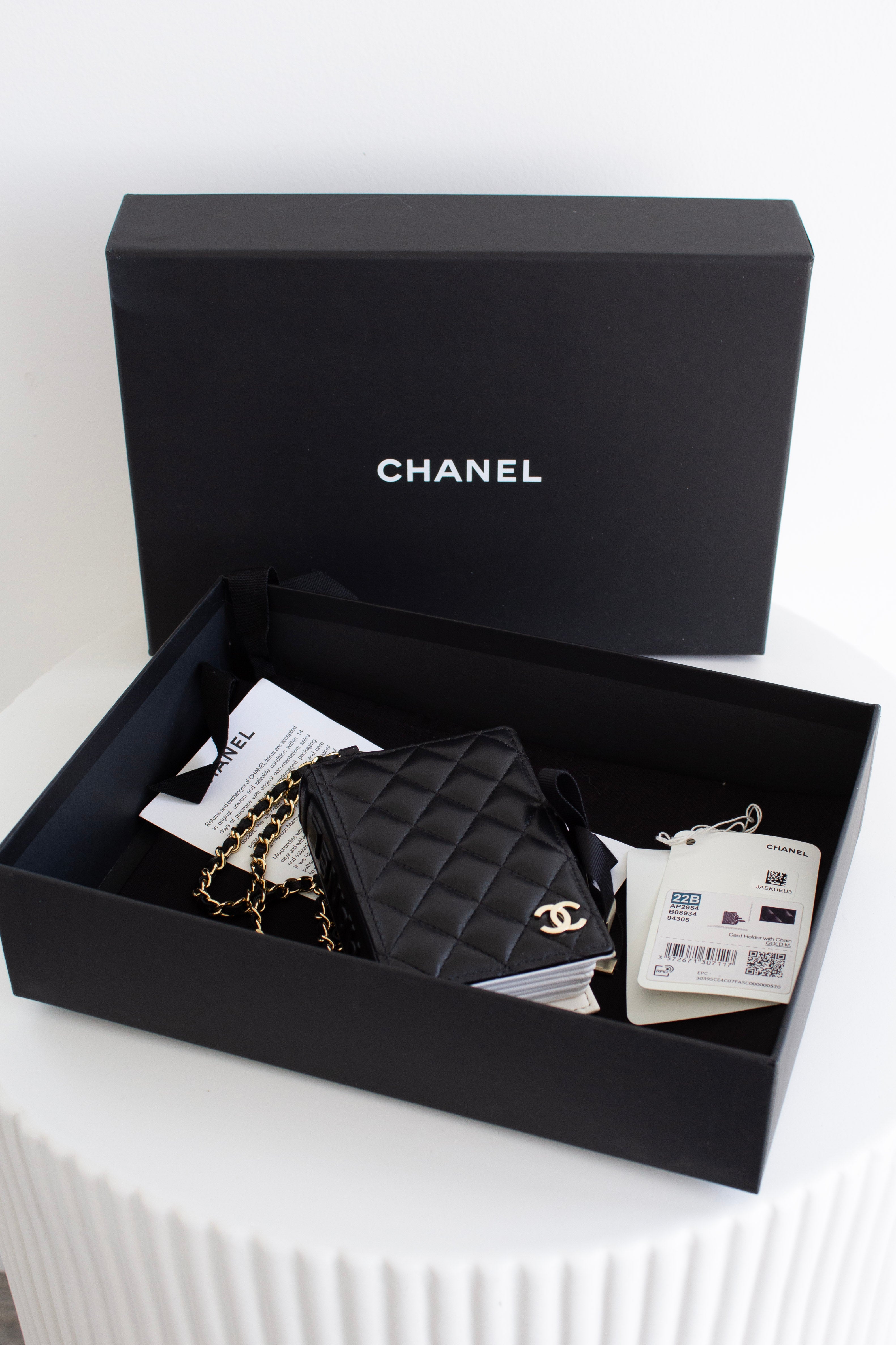 Chanel 2022 Black Lambskin Book Gold Chain 22B Cardholder
