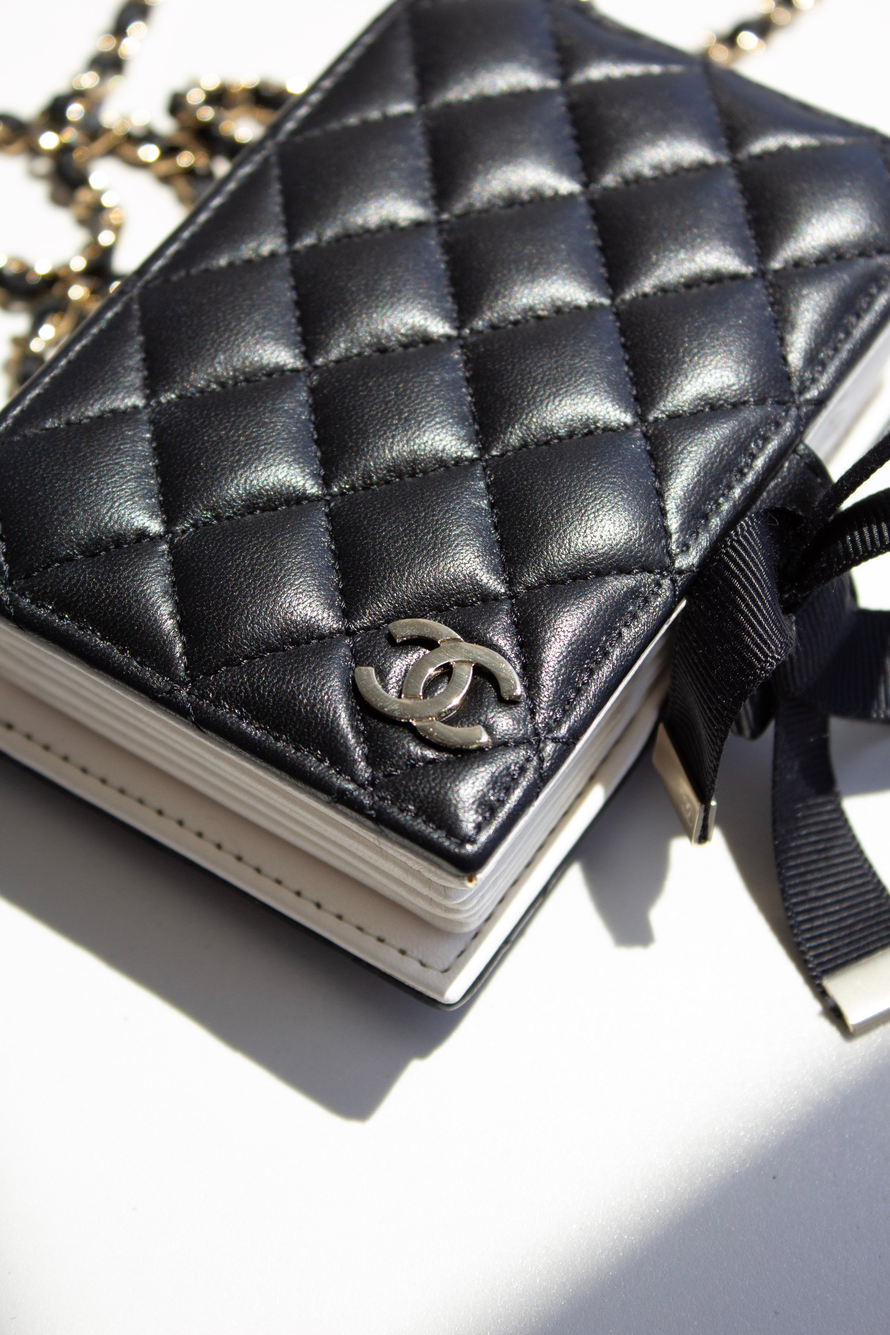 Chanel 2022 Black Lambskin Book Gold Chain 22B Cardholder