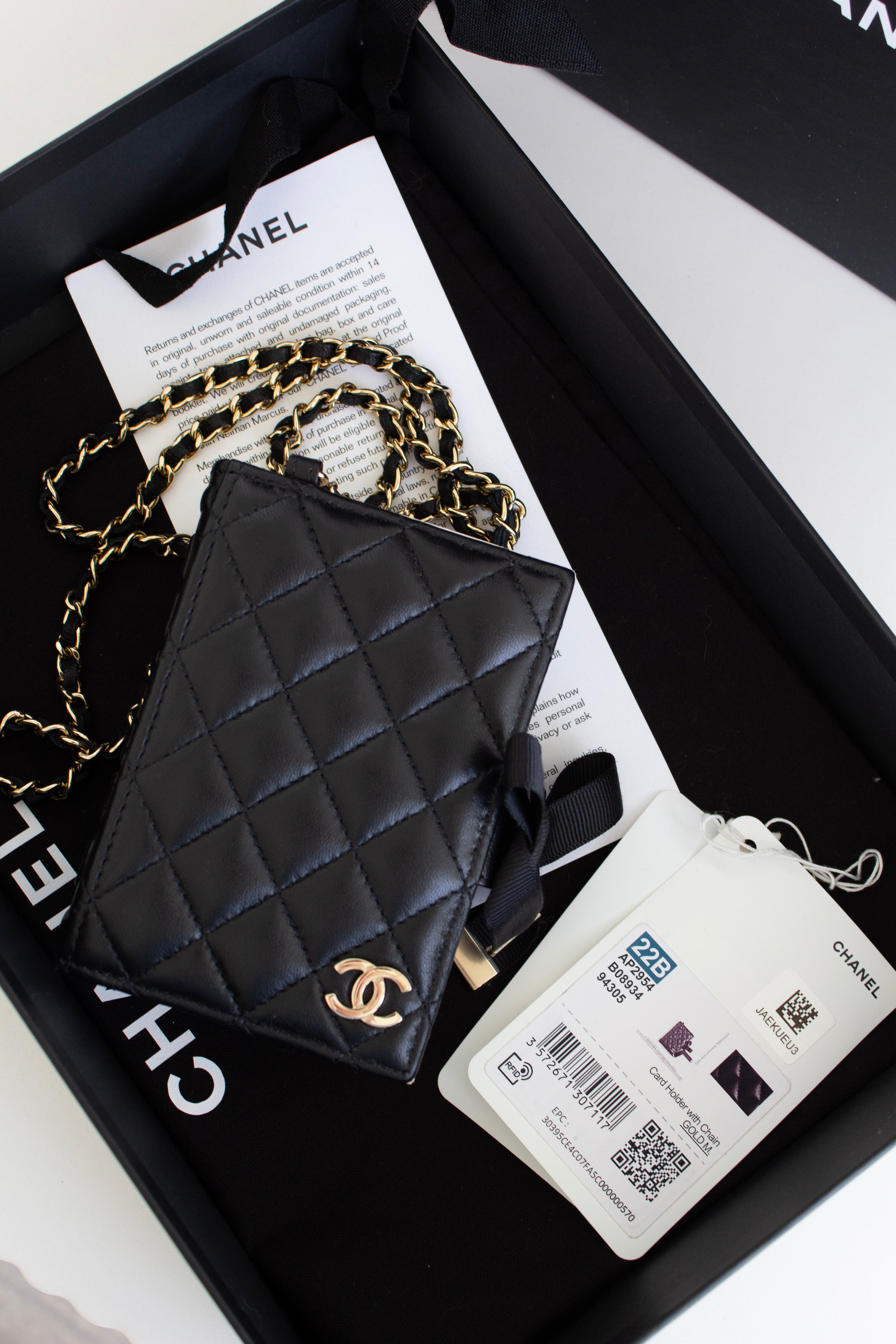 Chanel 2022 Black Lambskin Book Gold Chain 22B Cardholder