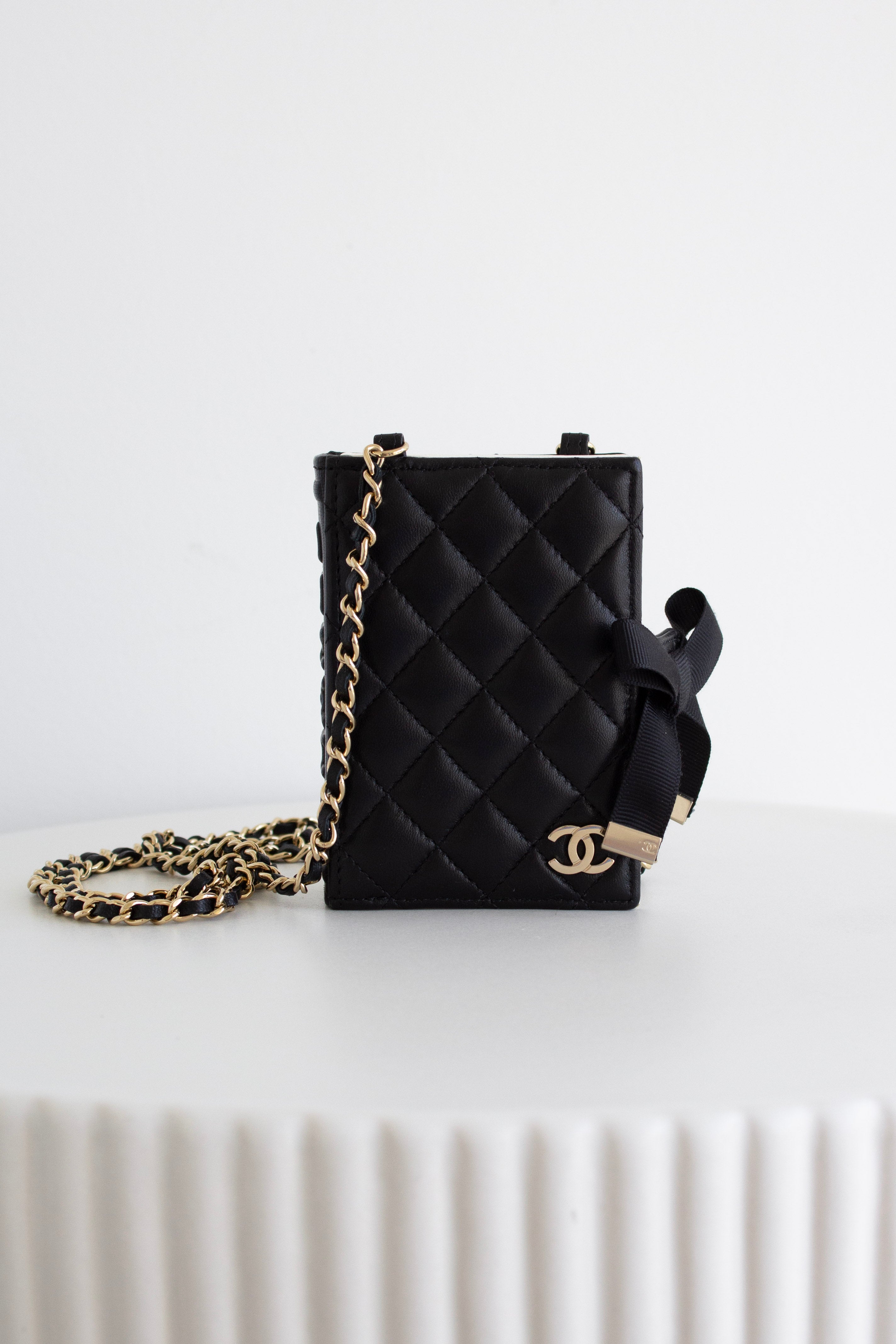 Chanel 2022 Black Lambskin Book Gold Chain 22B Cardholder