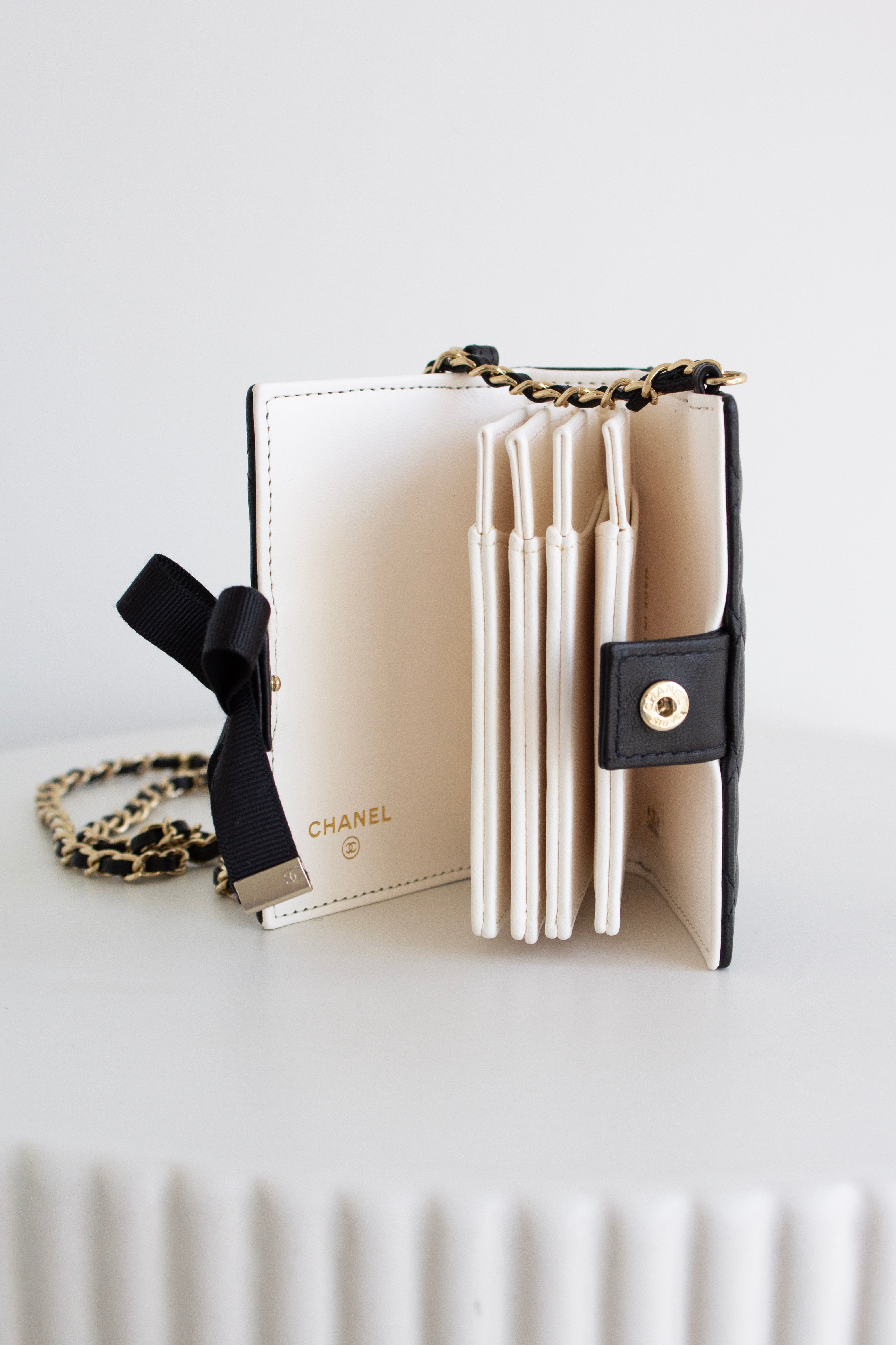 Chanel 2022 Black Lambskin Book Gold Chain 22B Cardholder