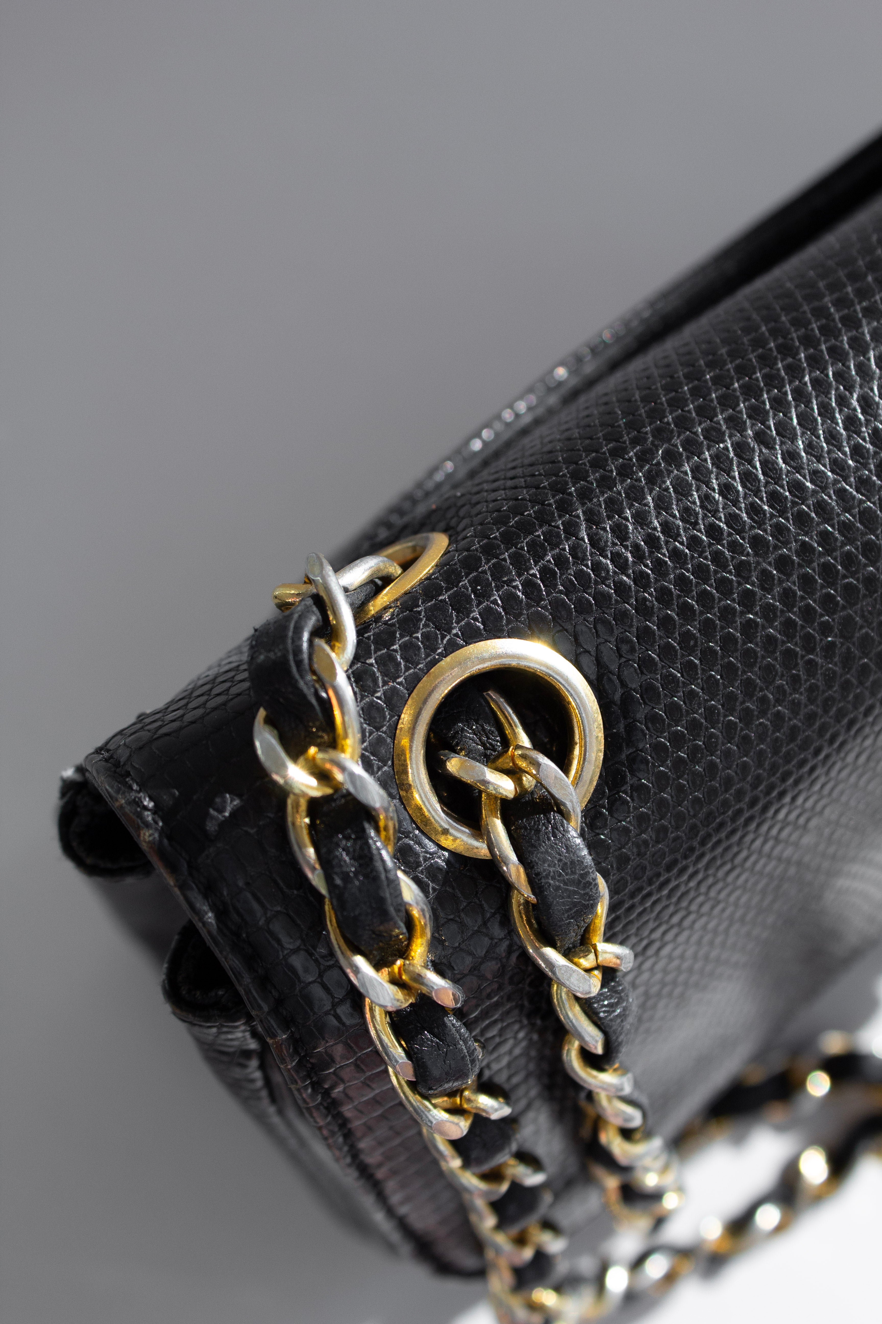 Chanel Vintage Small Classic Flap Exotic Lizard Leather 24K Gold CC Black Bag