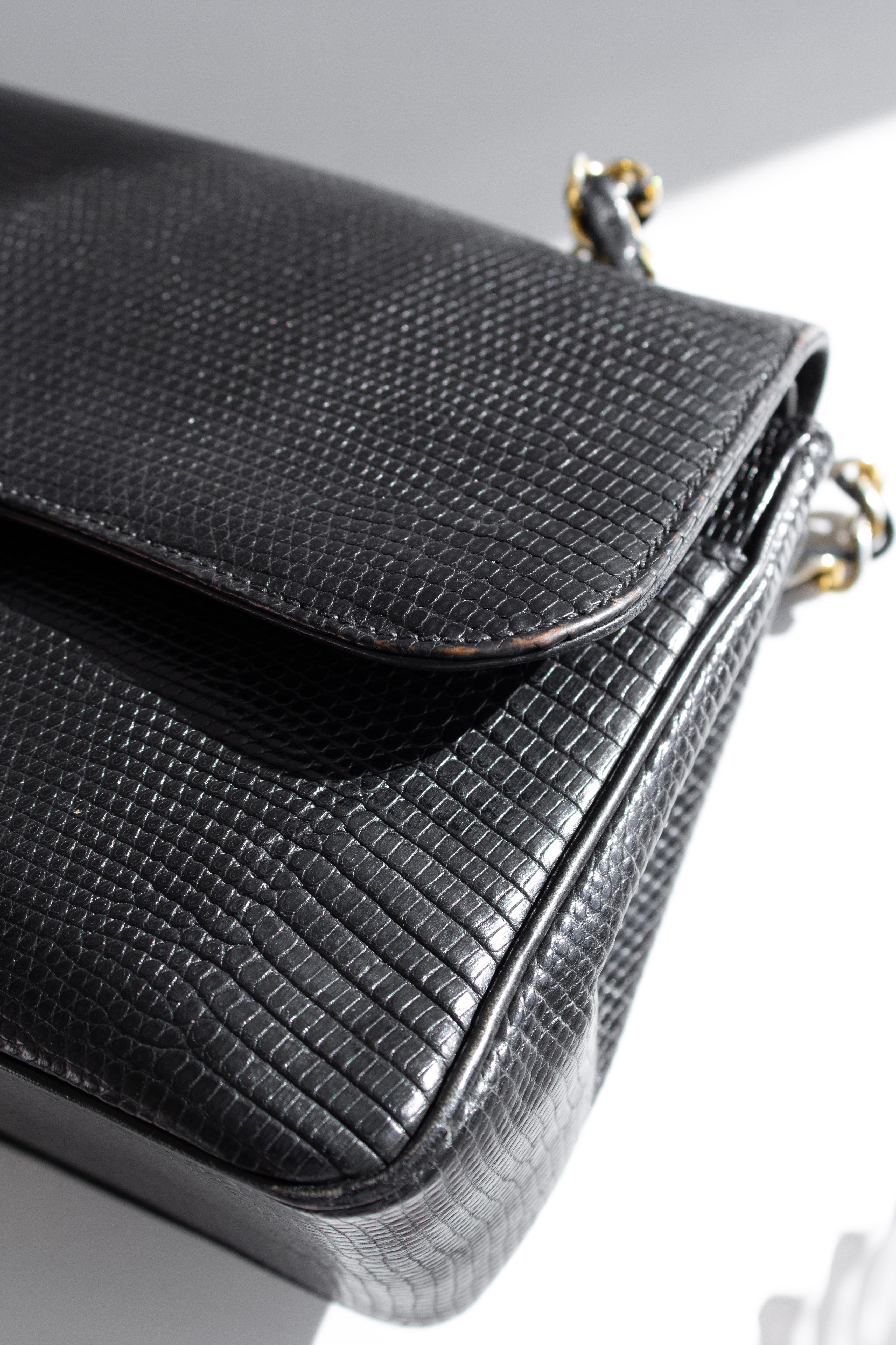 Chanel Vintage Small Classic Flap Exotic Lizard Leather 24K Gold CC Black Bag