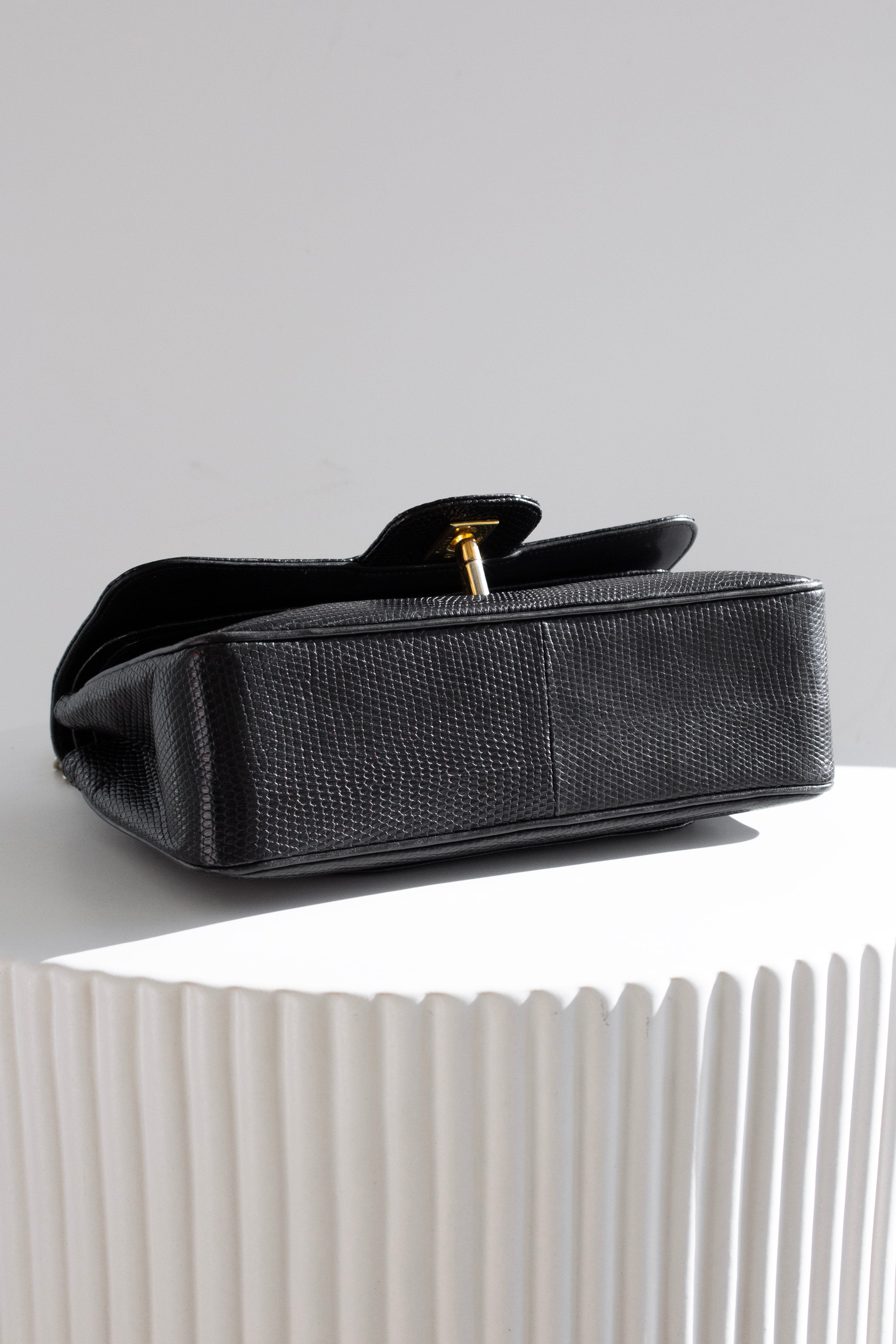 Chanel Vintage Small Classic Flap Exotic Lizard Leather 24K Gold CC Black Bag