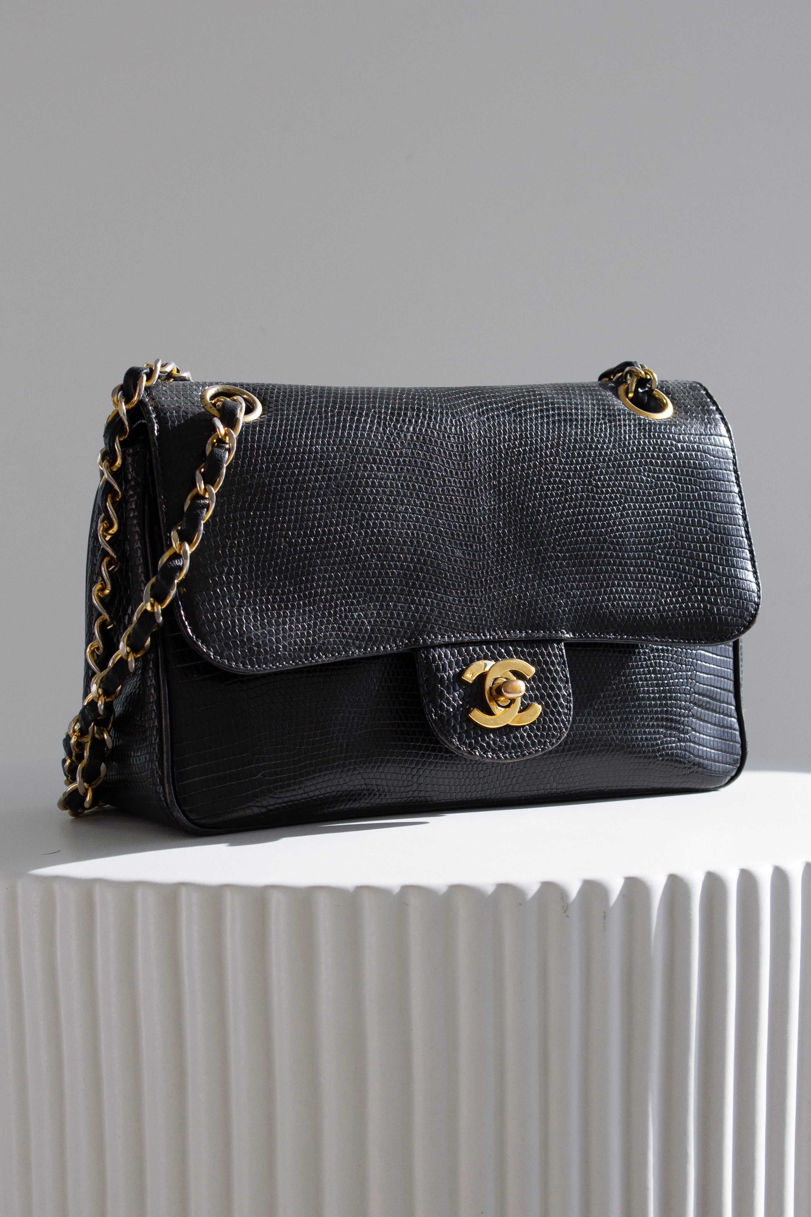 Chanel Vintage Small Classic Flap Exotic Lizard Leather 24K Gold CC Black Bag