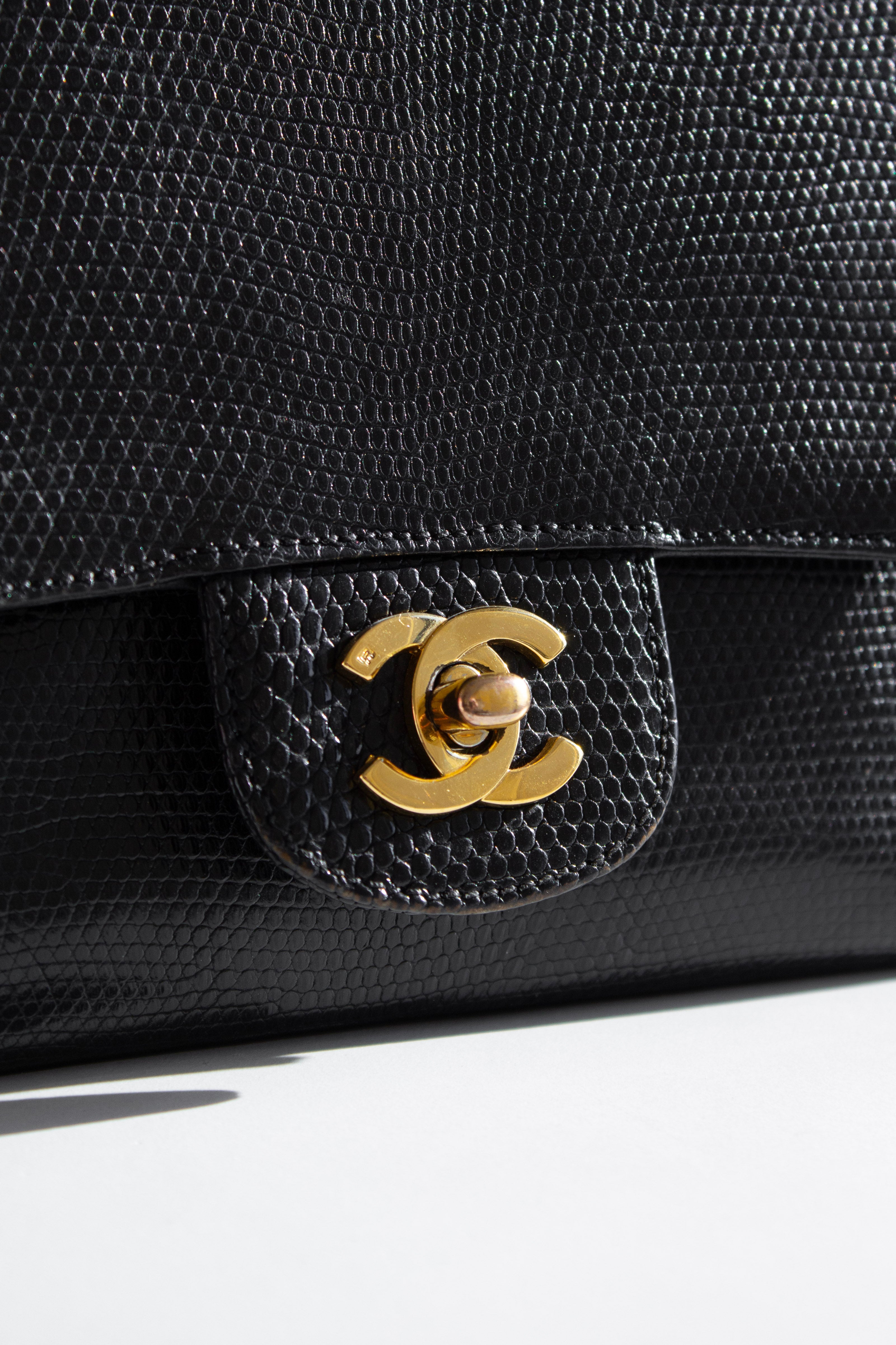 Chanel Vintage Small Classic Flap Exotic Lizard Leather 24K Gold CC Black Bag
