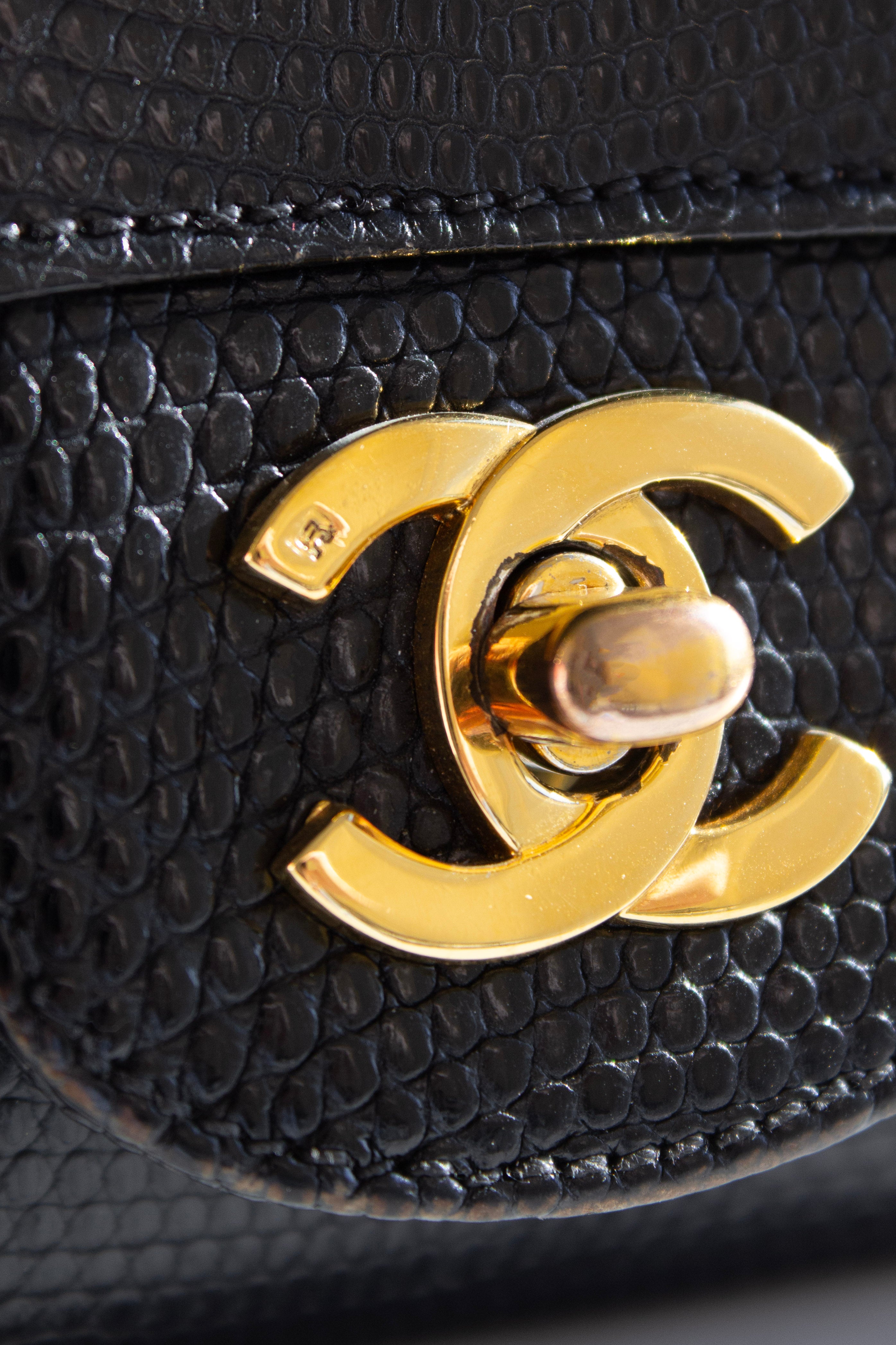 Chanel Vintage Small Classic Flap Exotic Lizard Leather 24K Gold CC Black Bag