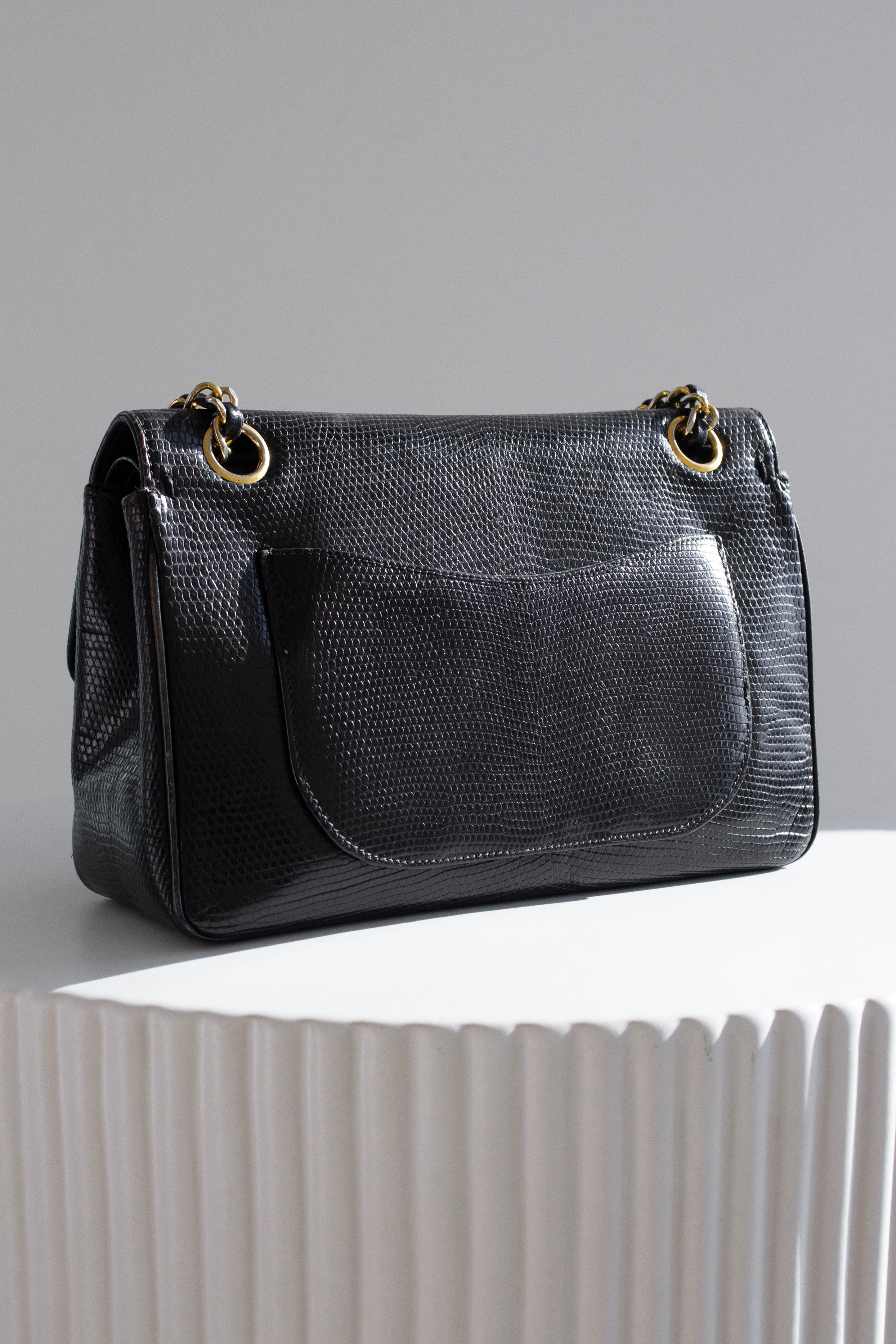 Chanel Vintage Small Classic Flap Exotic Lizard Leather 24K Gold CC Black Bag