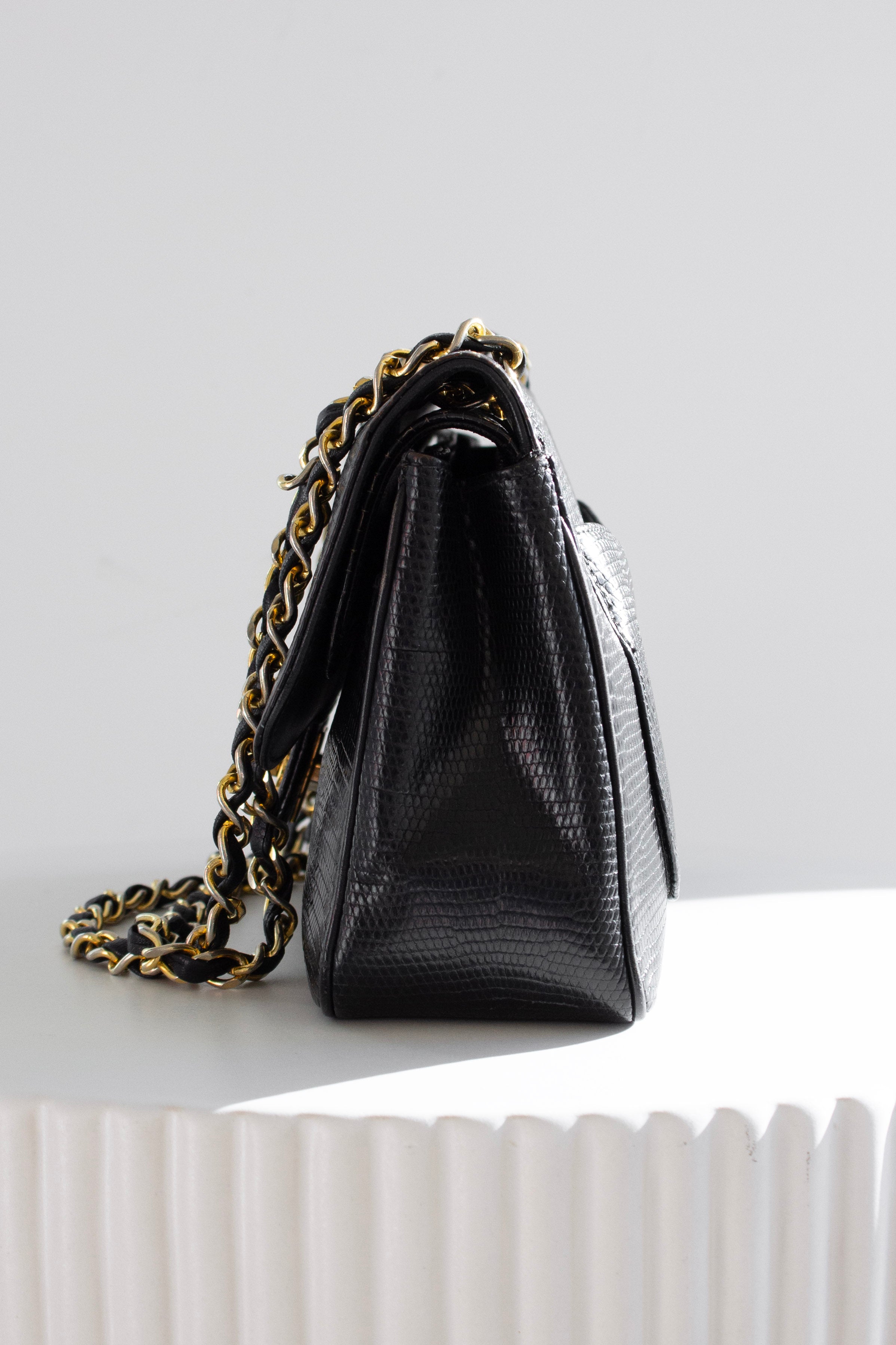 Chanel Vintage Small Classic Flap Exotic Lizard Leather 24K Gold CC Black Bag