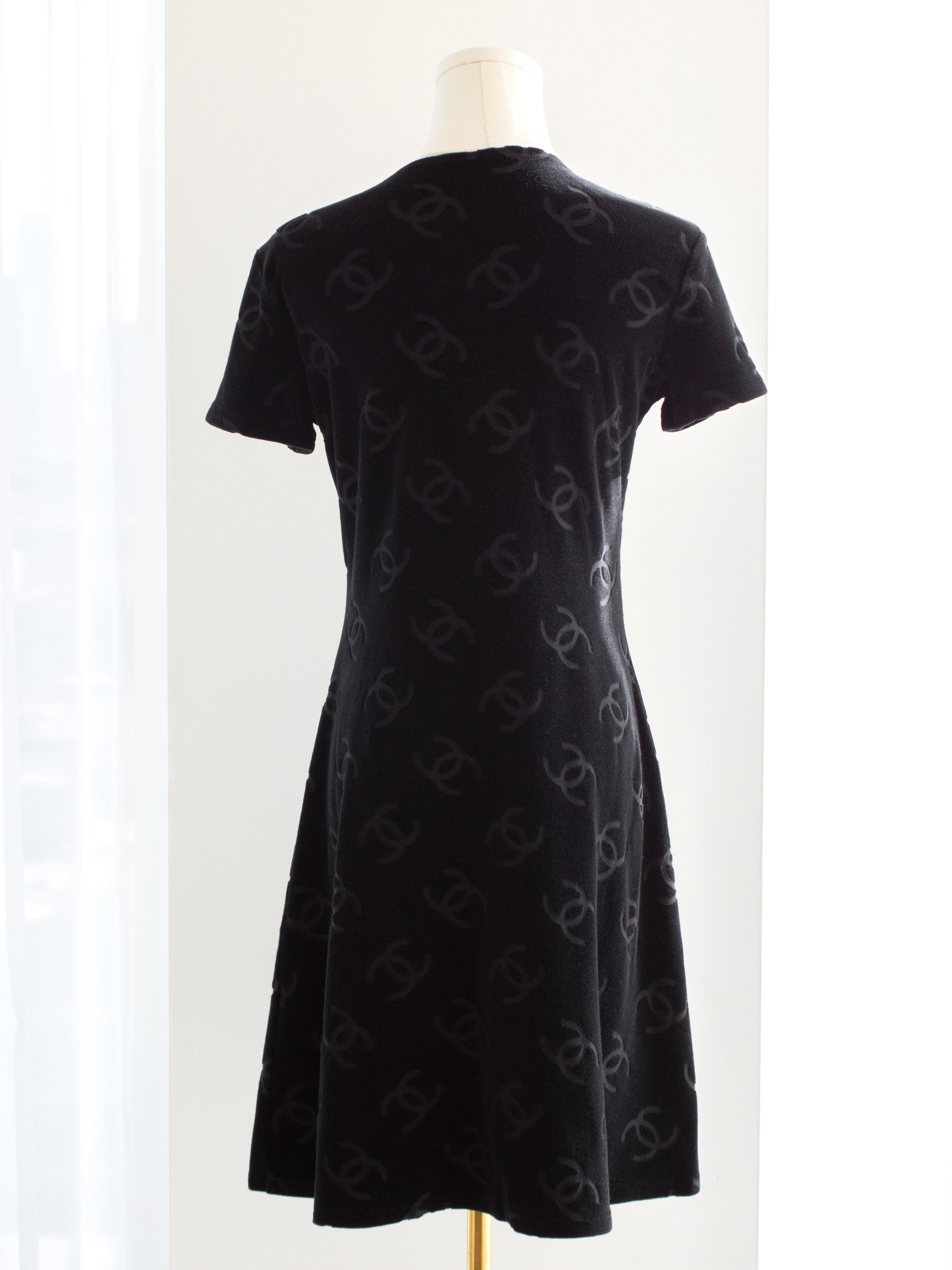 Chanel Vintage S/S1996 Black CC Logo Velour 96P LBD Mini Dress