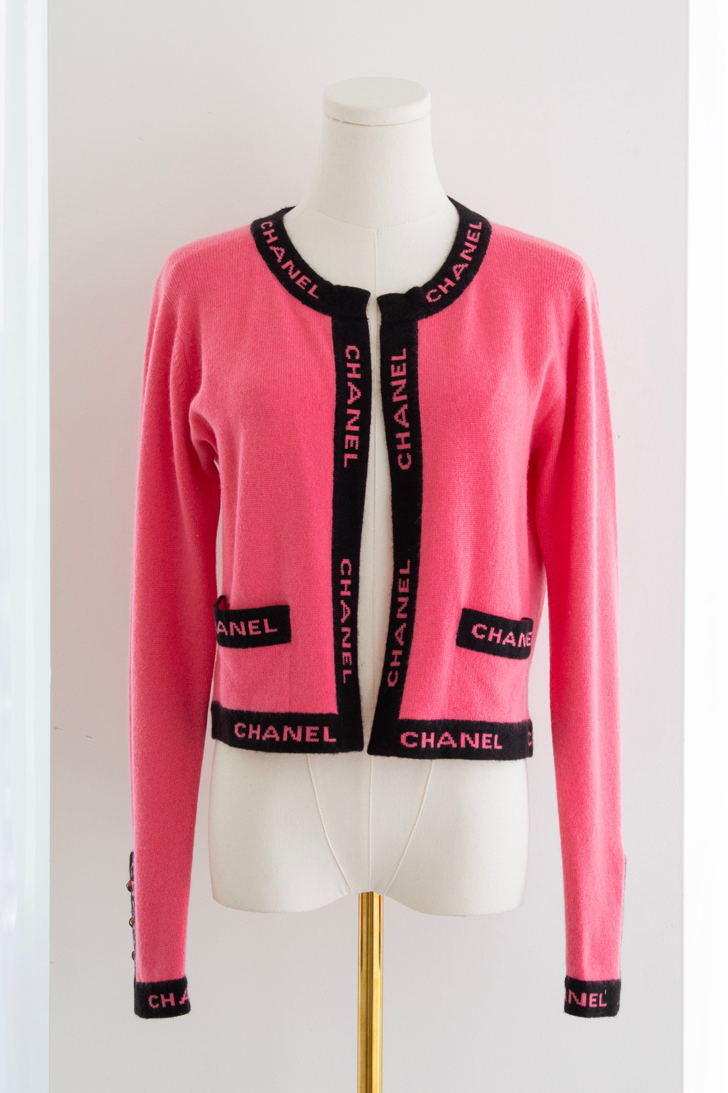 Chanel Cruise 1994/1995 Watermelon Pink Black CC Logo Cashmere Cardigan