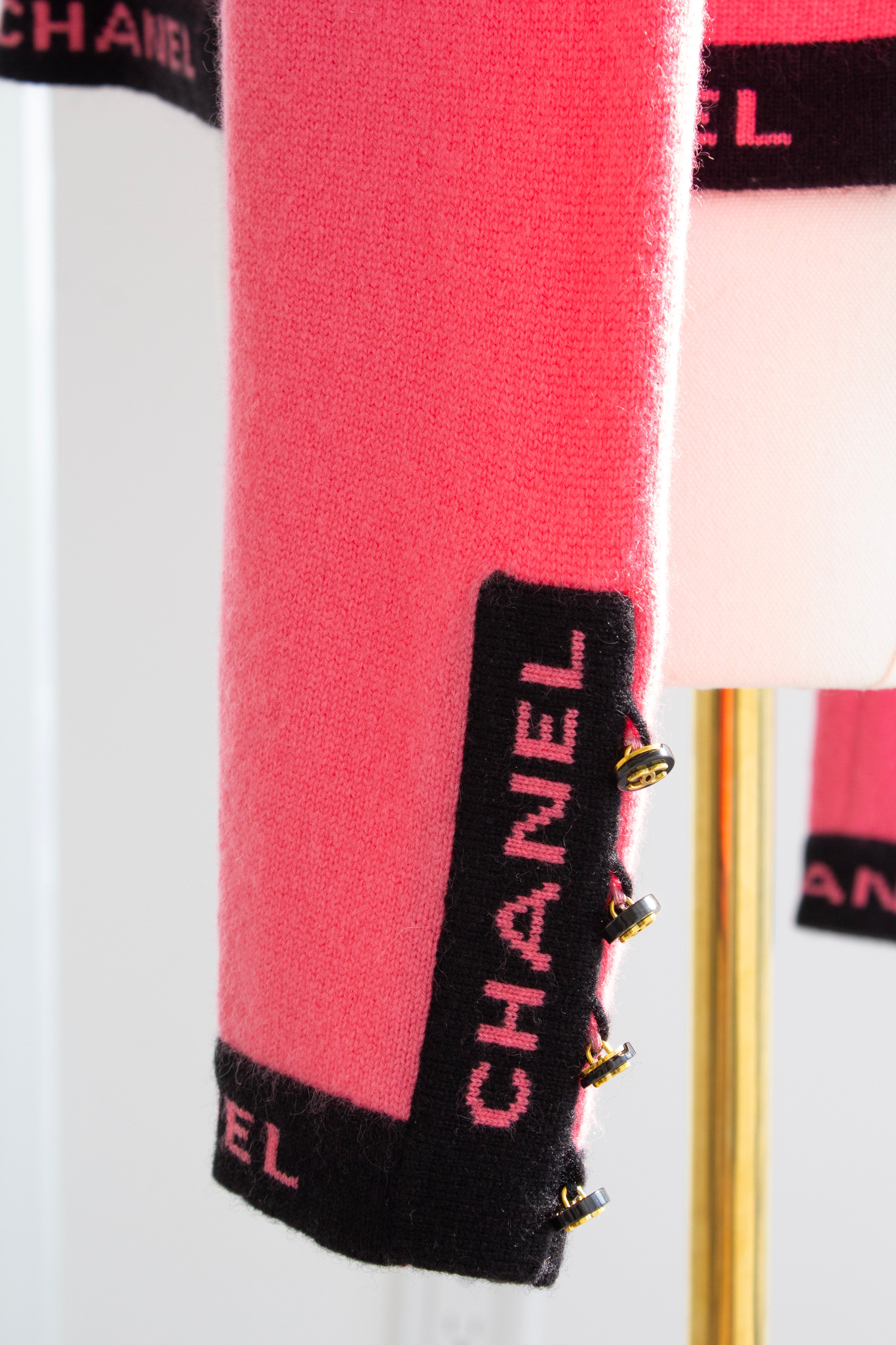 Chanel Cruise 1994/1995 Watermelon Pink Black CC Logo Cashmere Cardigan