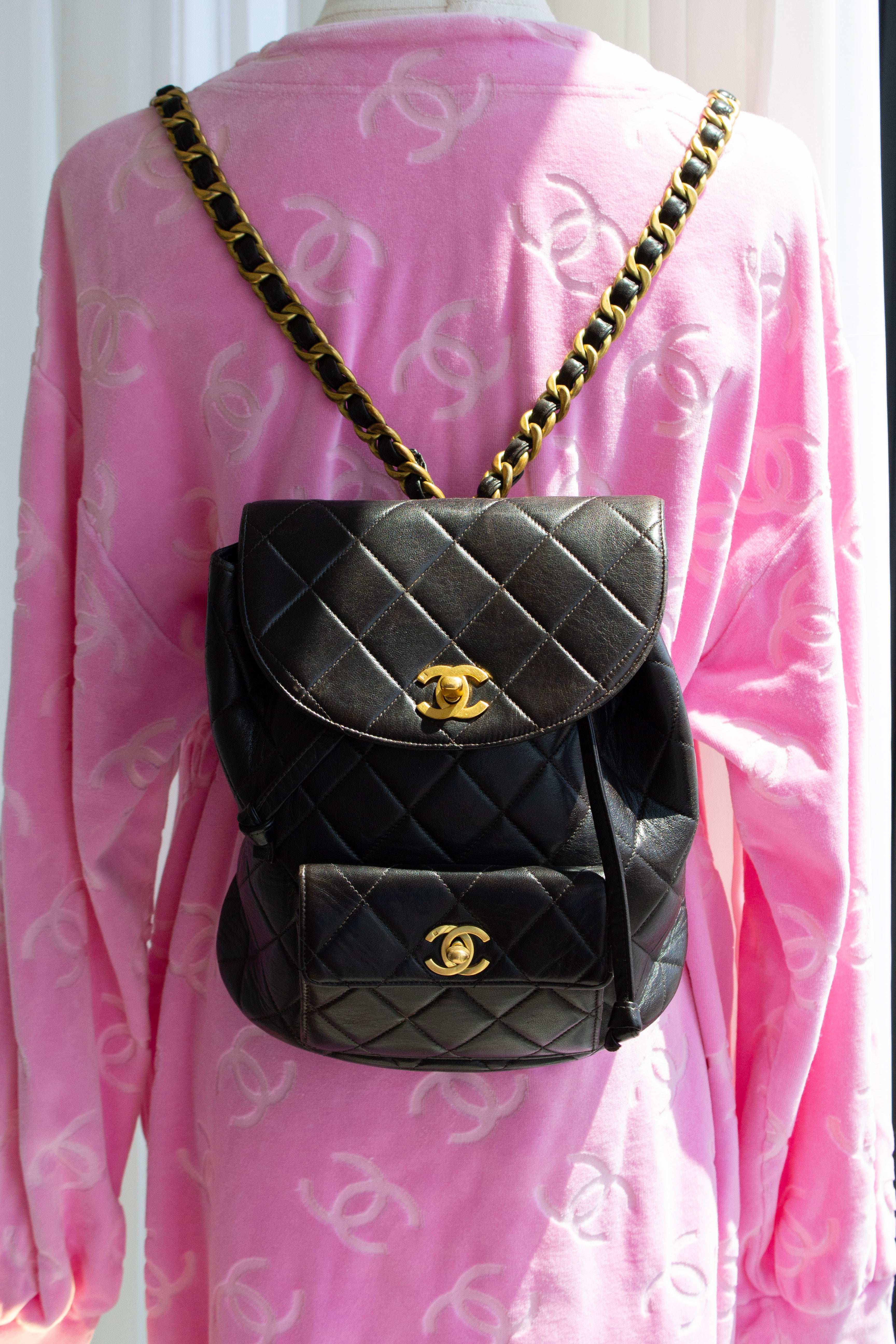Chanel Vintage Duma Black Lambskin Leather Quilted 24K Gold Backpack