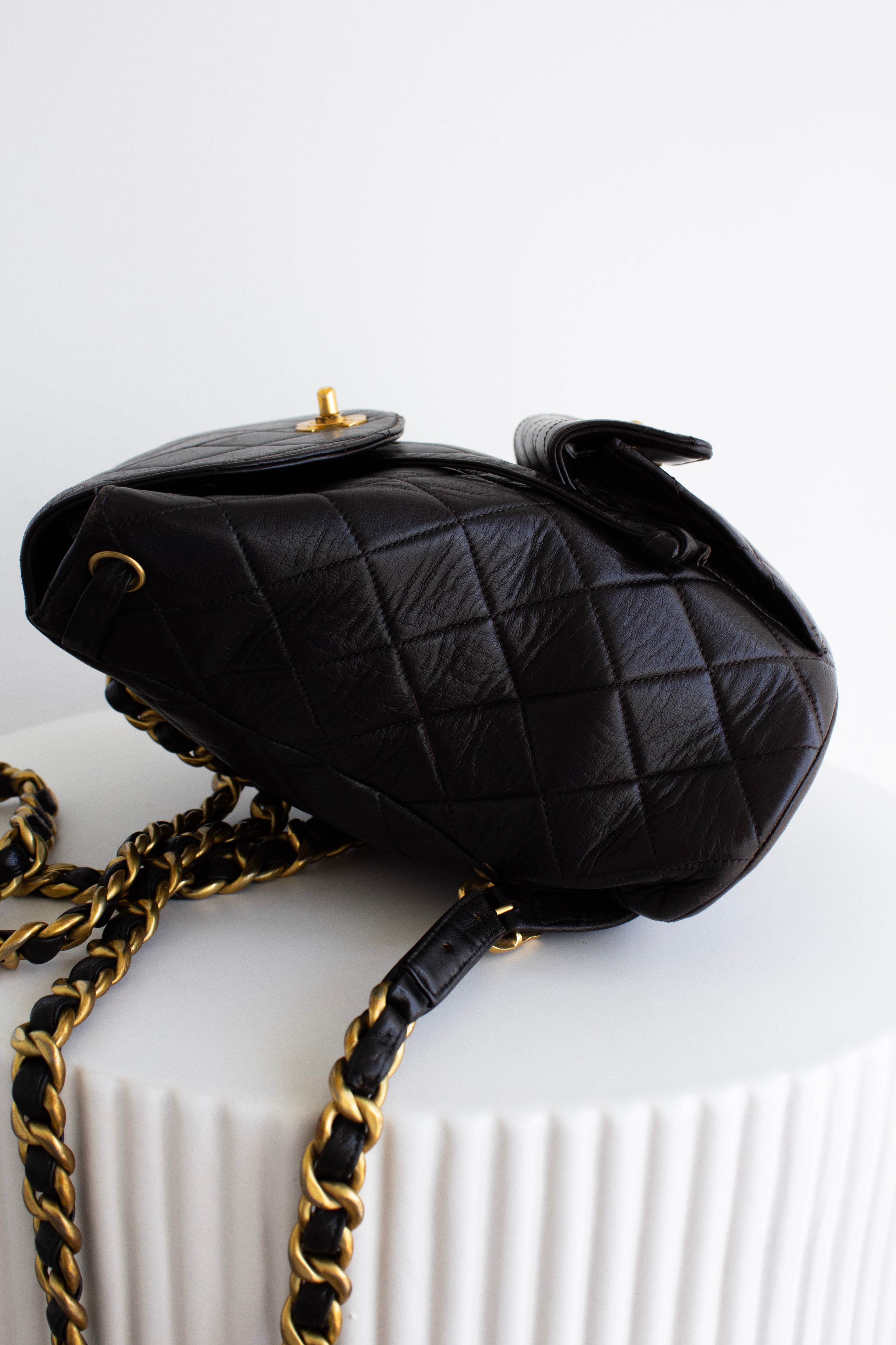 Chanel Vintage Duma Black Lambskin Leather Quilted 24K Gold Backpack