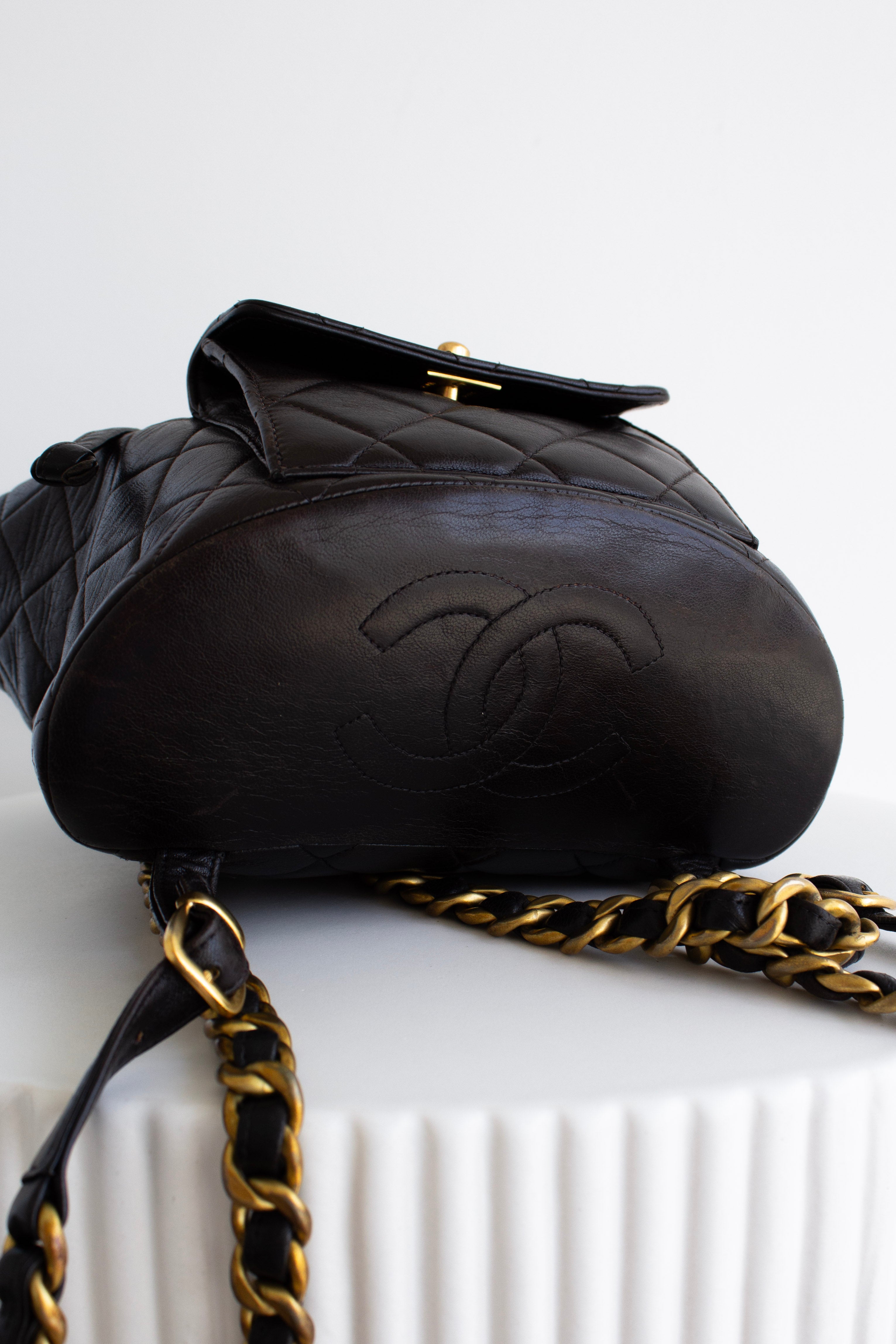 Chanel Vintage Duma Black Lambskin Leather Quilted 24K Gold Backpack