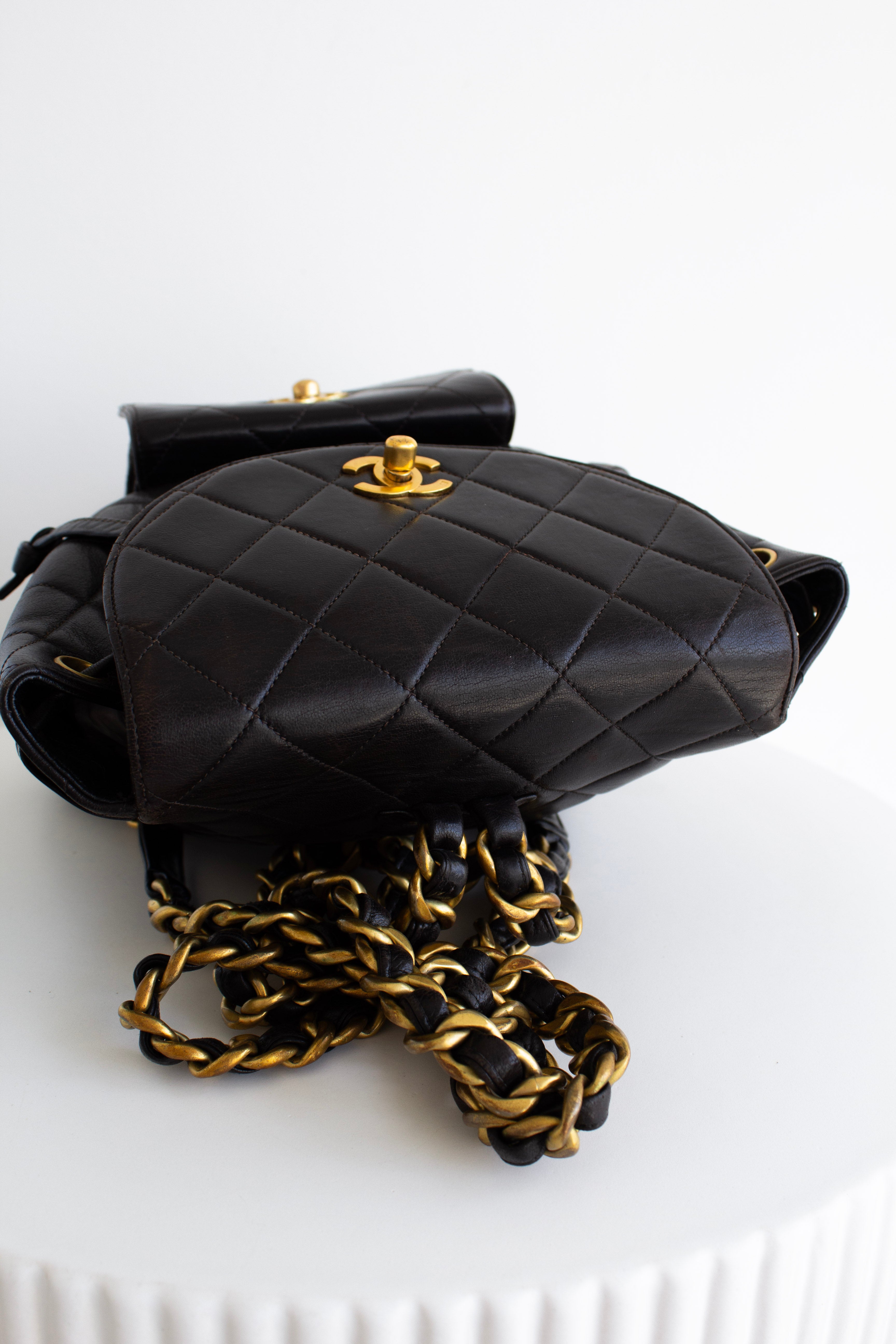 Chanel Vintage Duma Black Lambskin Leather Quilted 24K Gold Backpack