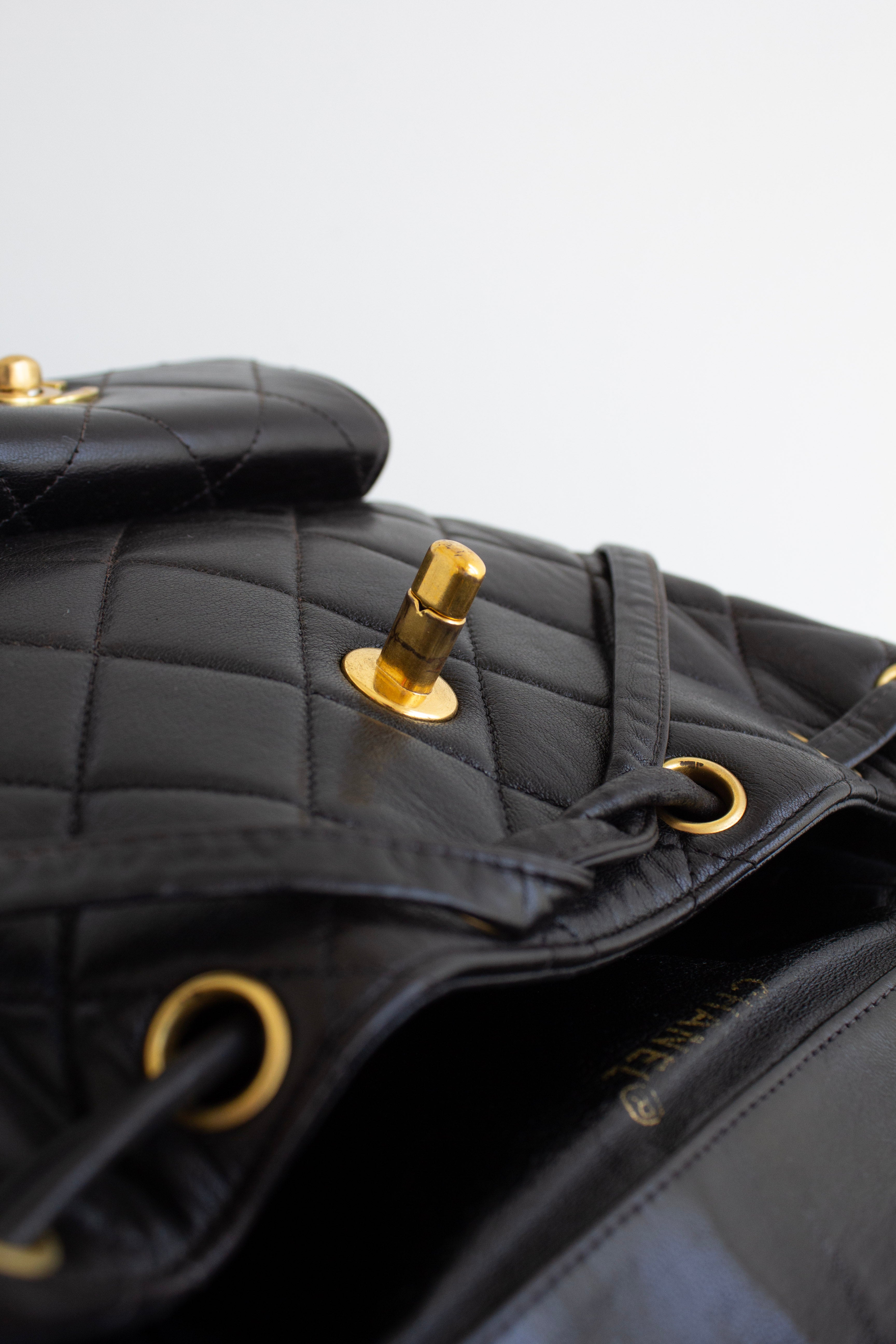 Chanel Vintage Duma Black Lambskin Leather Quilted 24K Gold Backpack