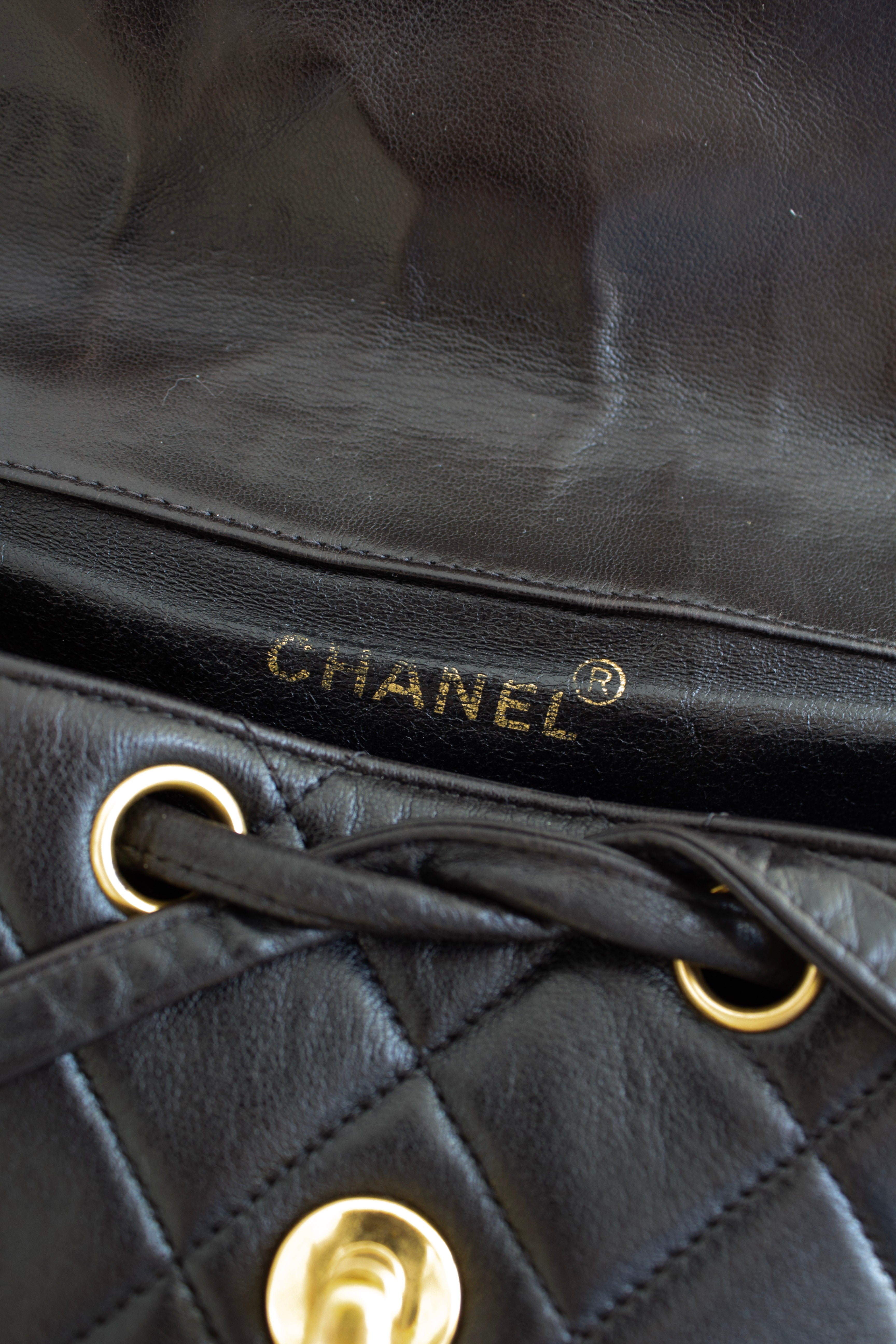 Chanel Vintage Duma Black Lambskin Leather Quilted 24K Gold Backpack