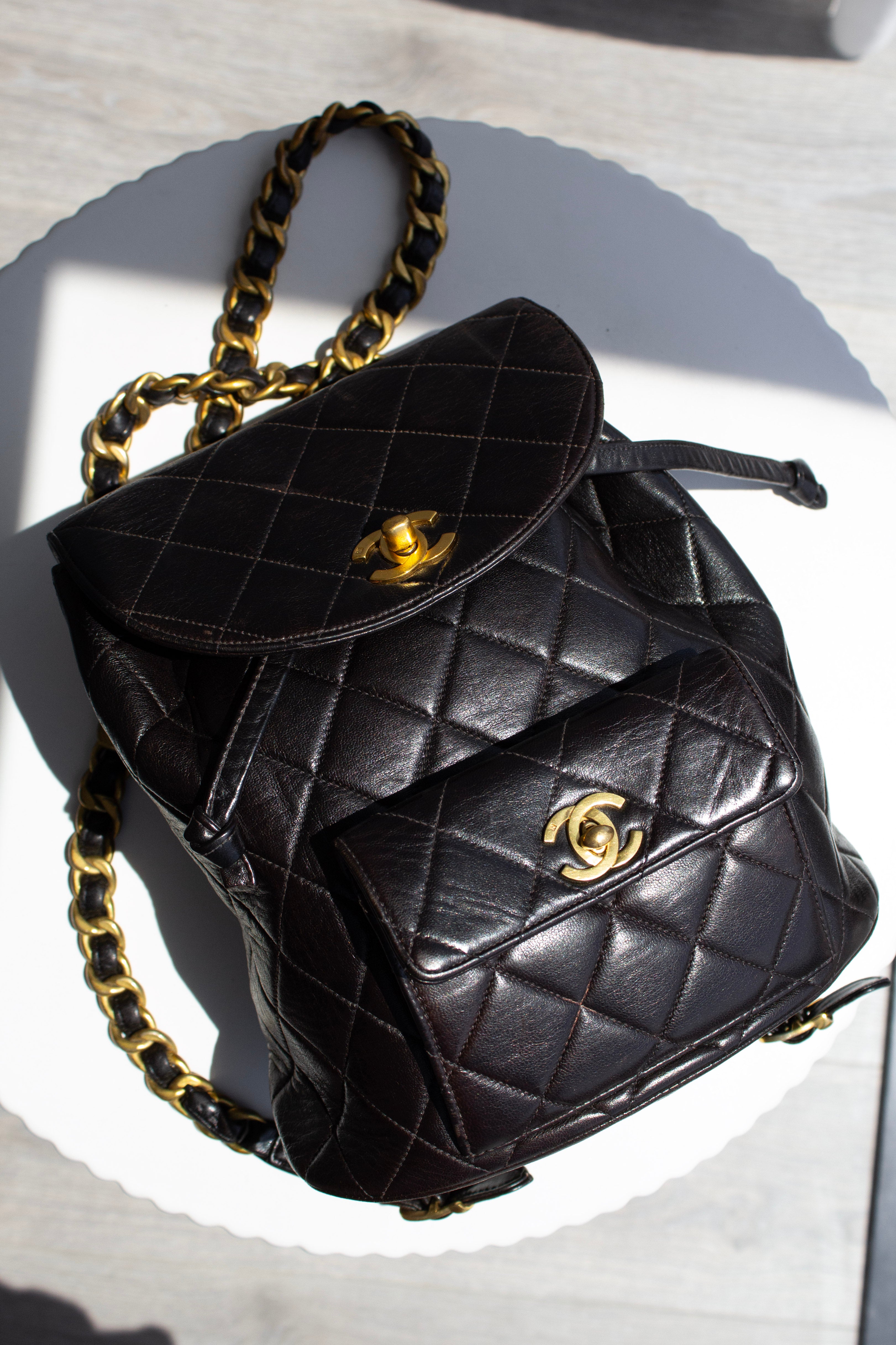 Chanel Vintage Duma Black Lambskin Leather Quilted 24K Gold Backpack