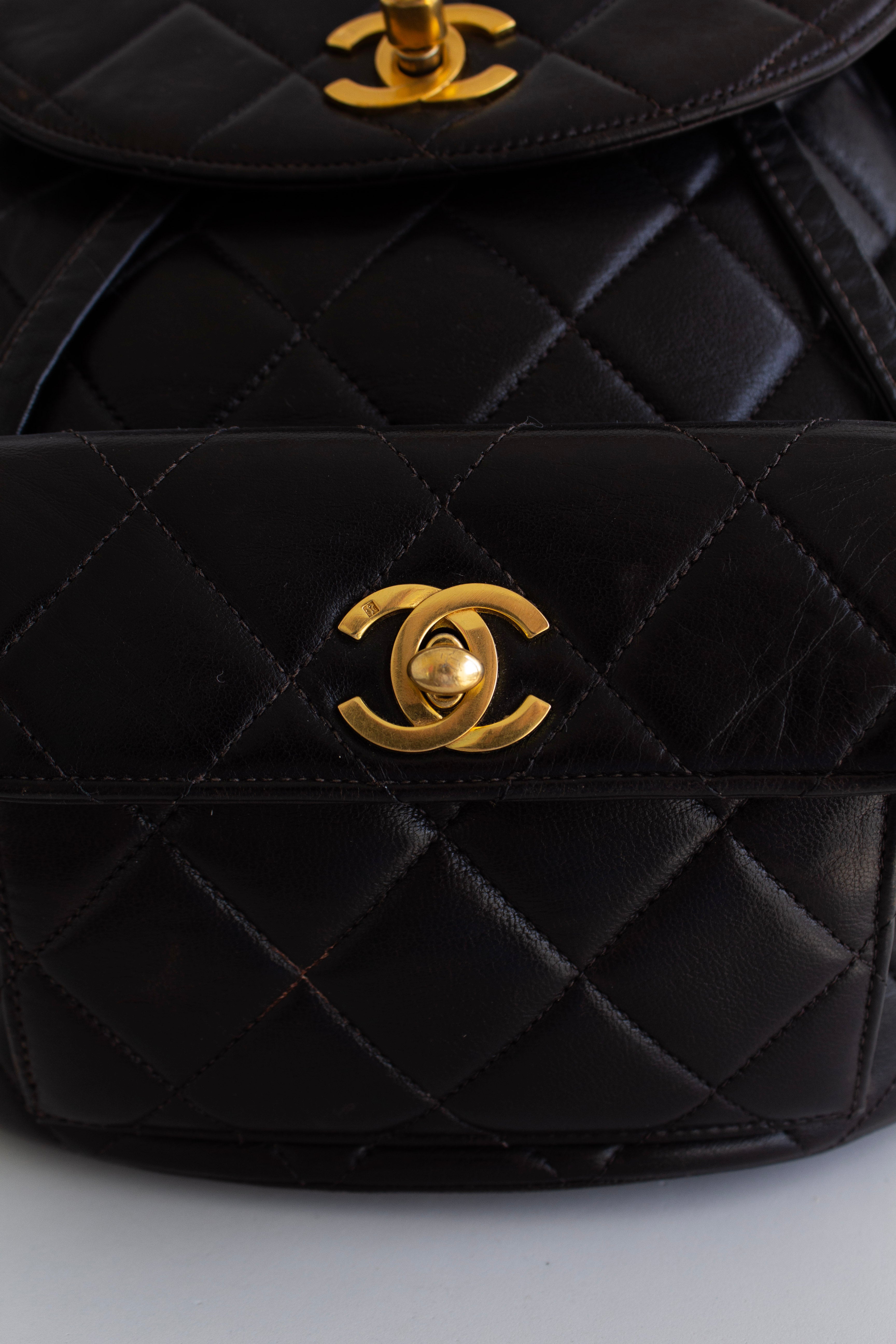 Chanel Vintage Duma Black Lambskin Leather Quilted 24K Gold Backpack