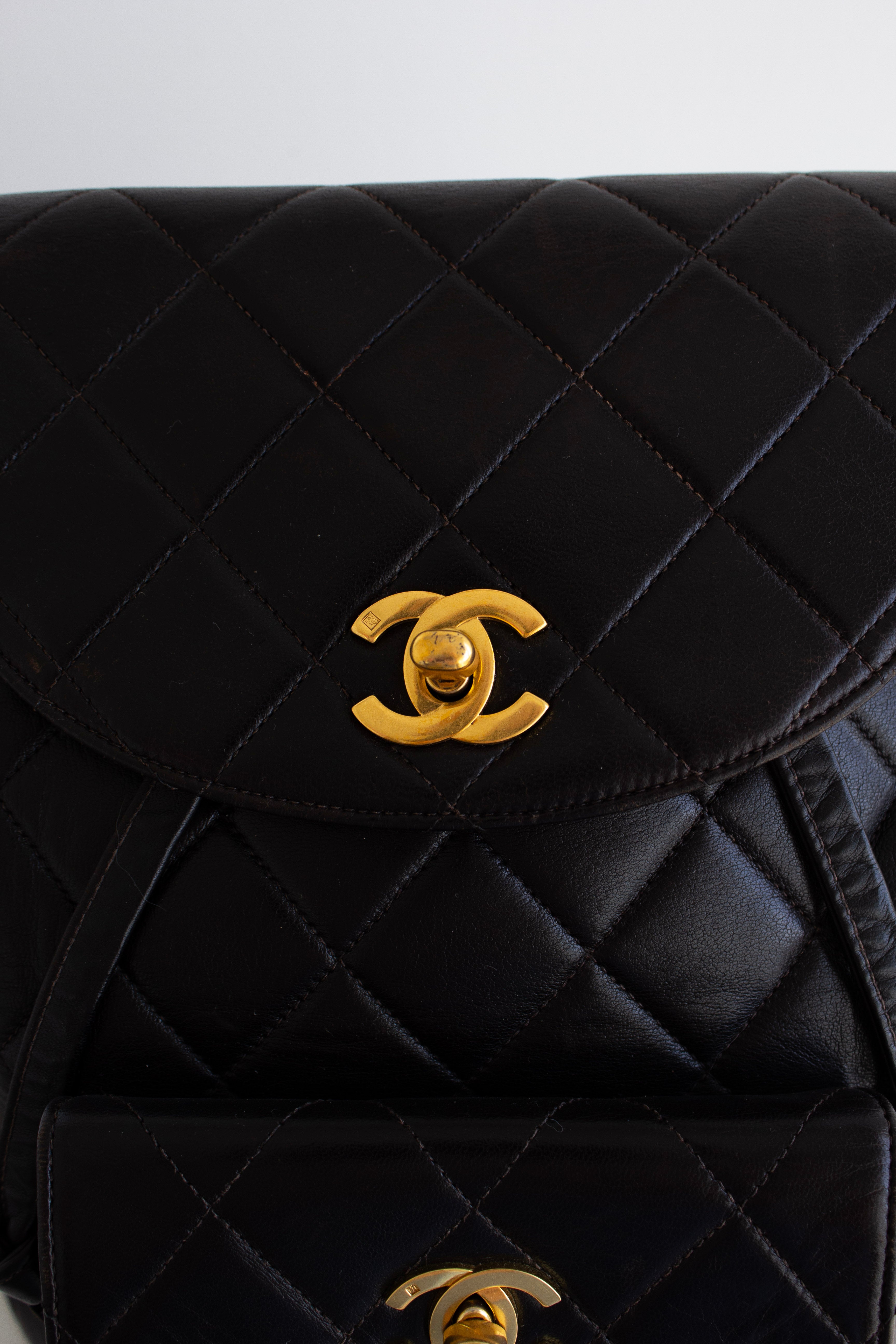 Chanel Vintage Duma Black Lambskin Leather Quilted 24K Gold Backpack