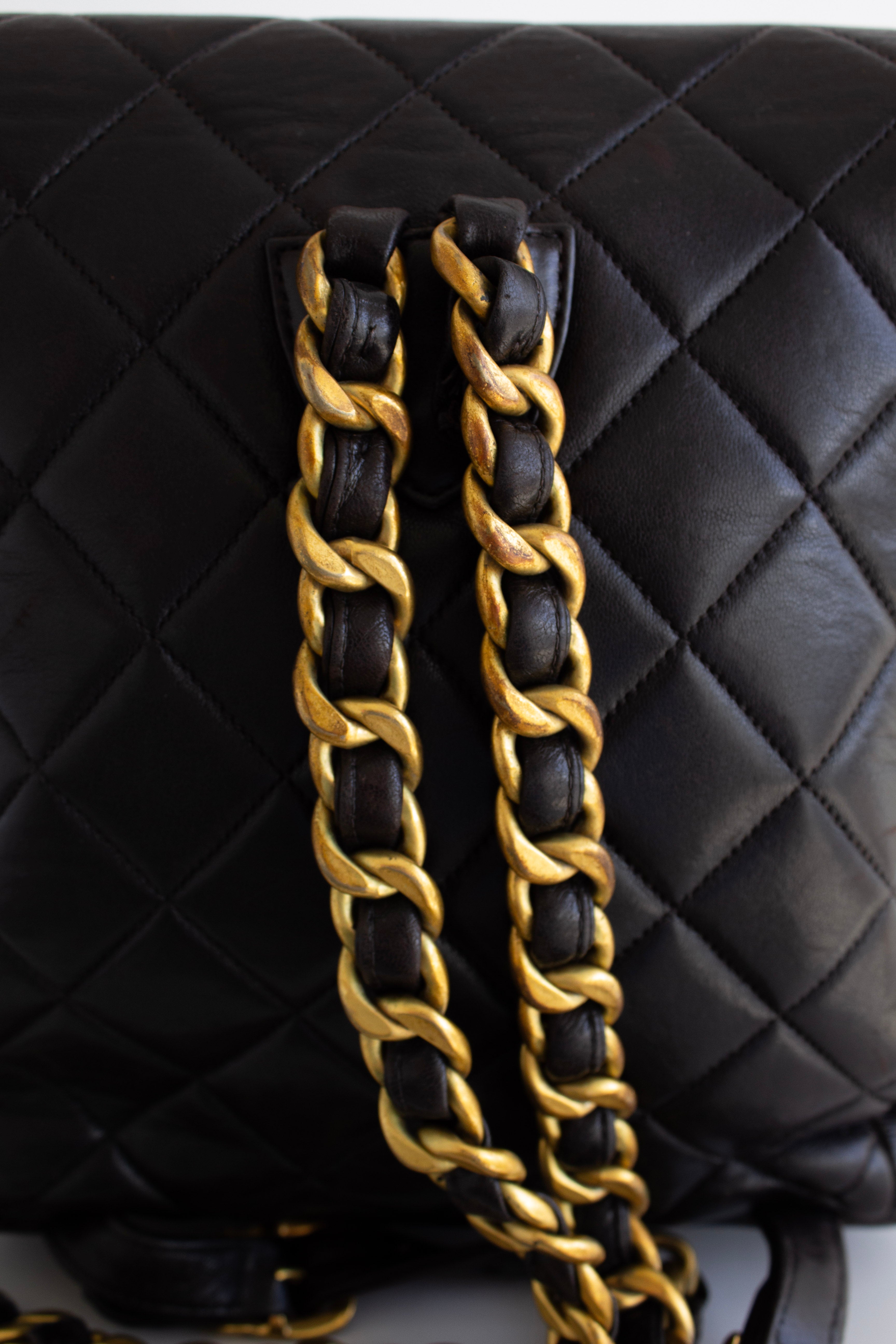 Chanel Vintage Duma Black Lambskin Leather Quilted 24K Gold Backpack