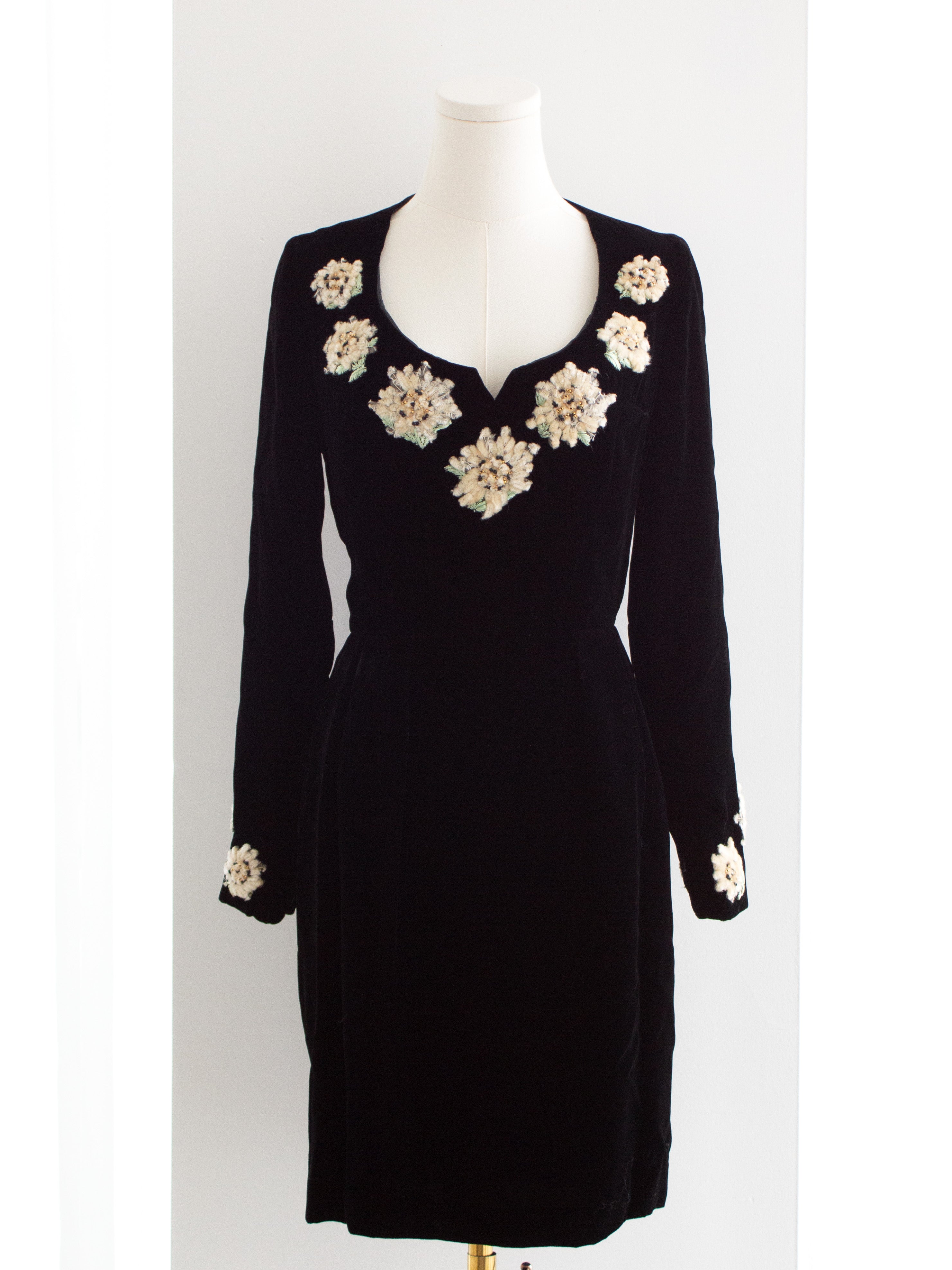 Chanel Vintage F/W 1988 Black Velvet Edelweiss Flower Embroidered Mini Dress