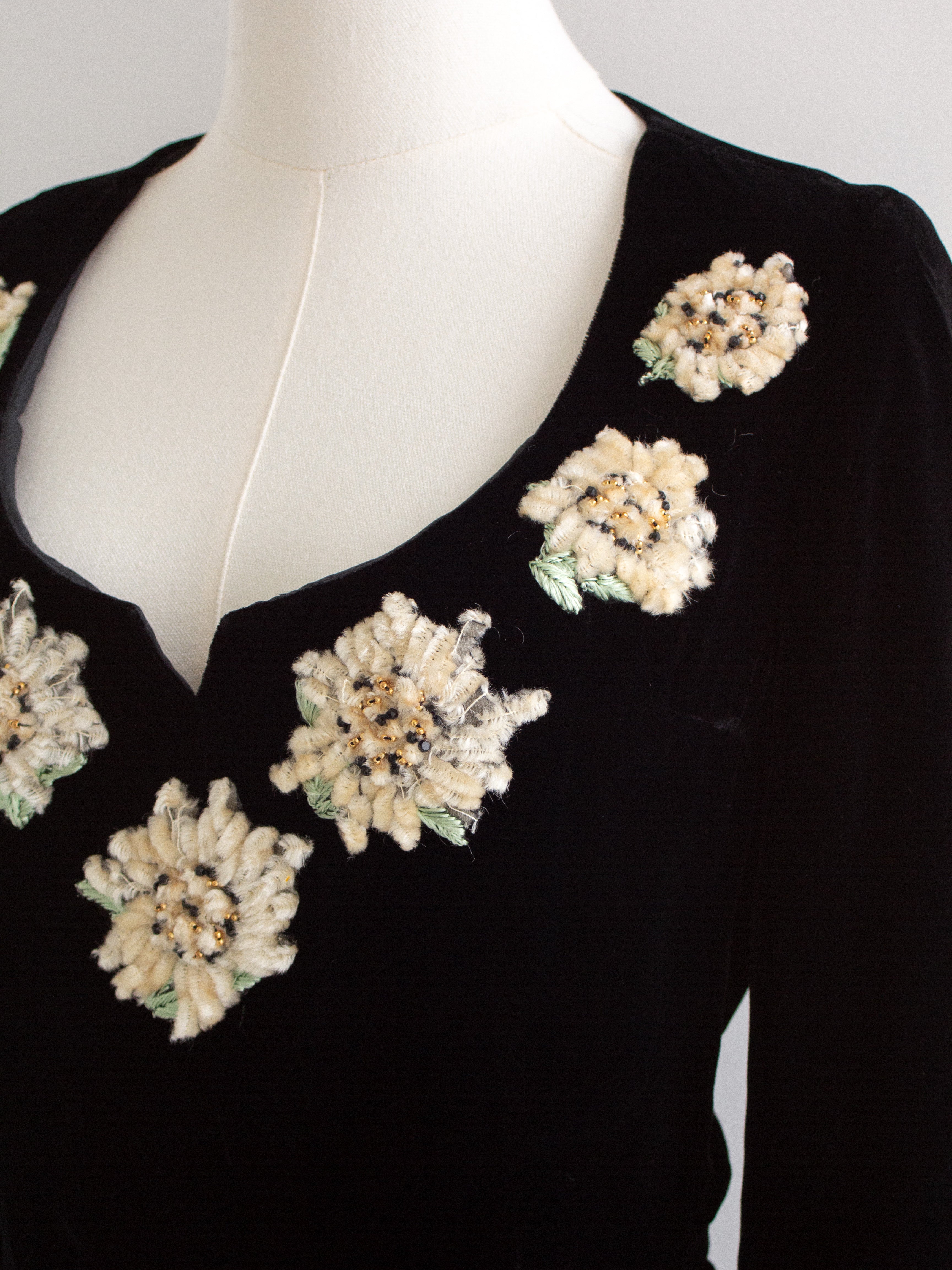 Chanel Vintage F/W 1988 Black Velvet Edelweiss Flower Embroidered Mini Dress