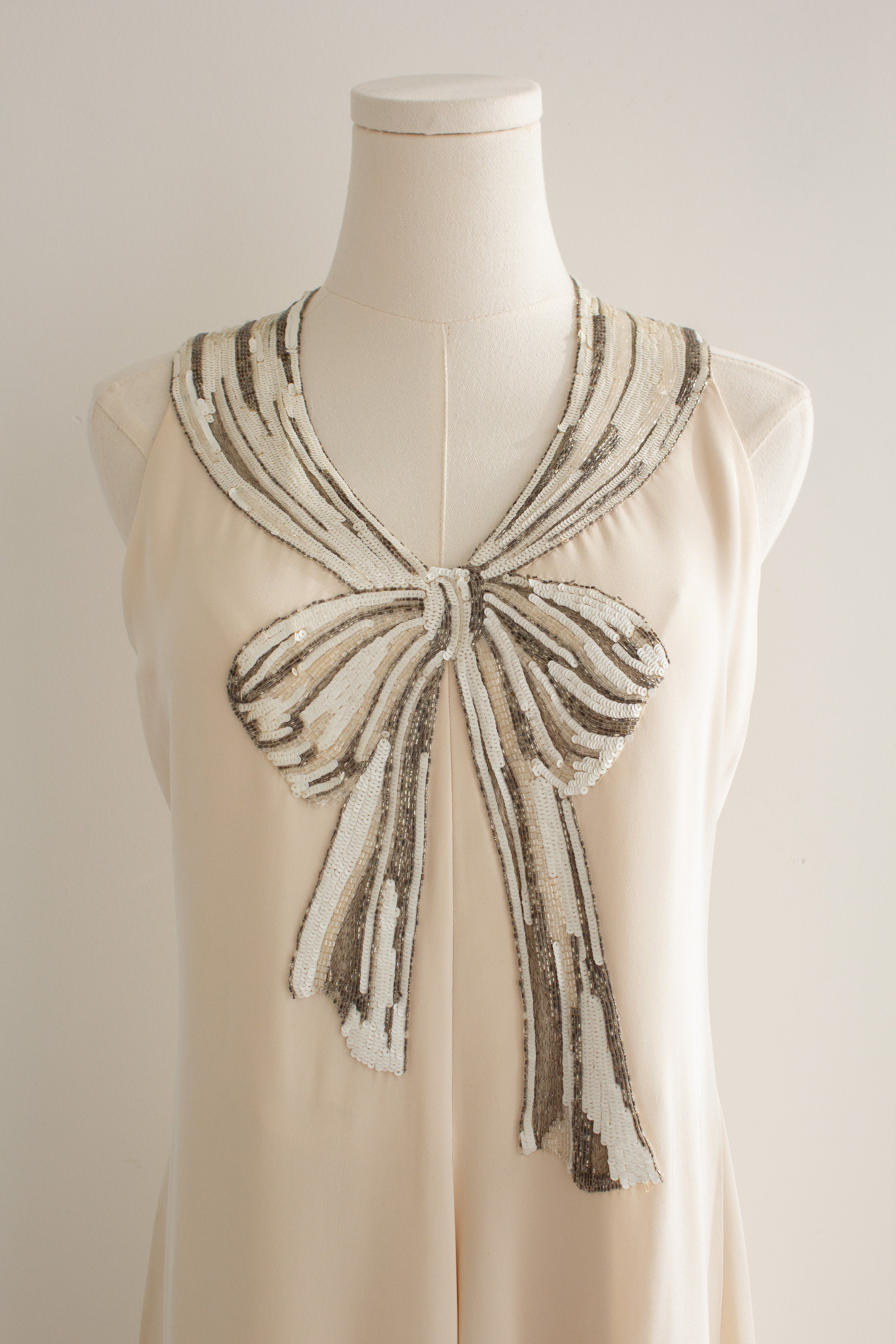 Chanel Haute Couture S/S 1979 Ivory Embellished Bow Evening Gown 2pcs Ensemble