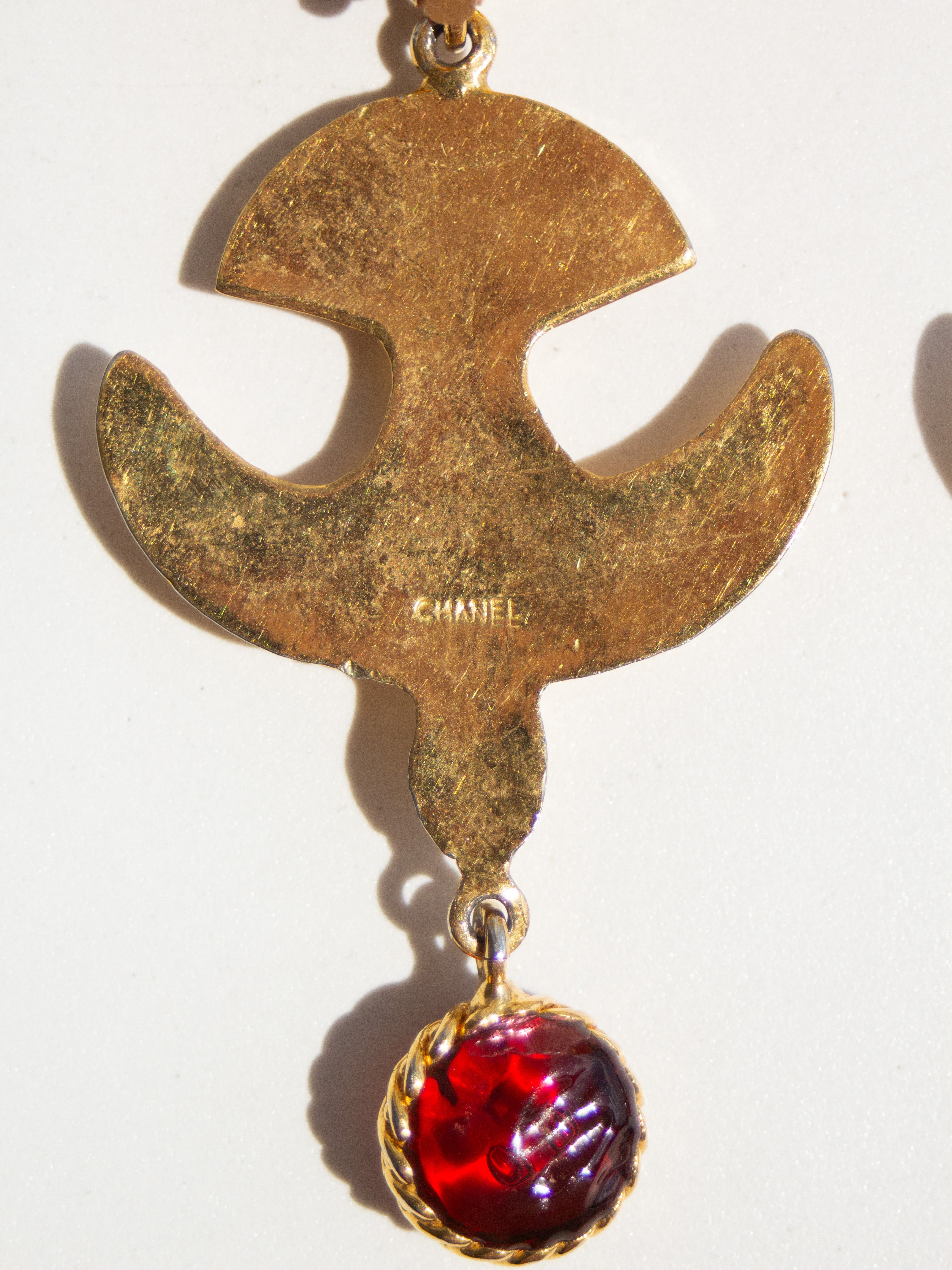 Chanel Vintage 1990s 24K Gold-Plated Swallow Pearl Red Gripoix Earrings