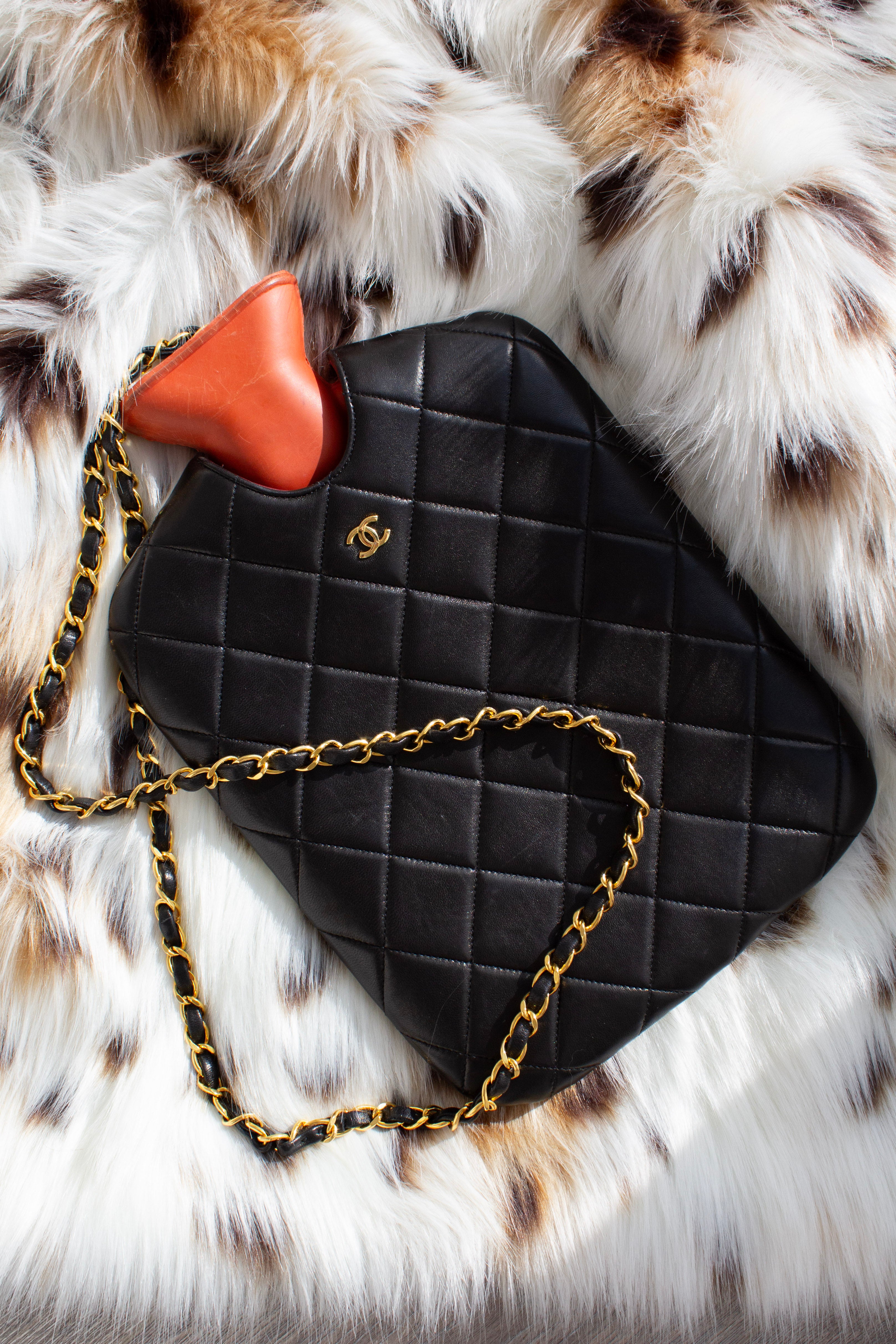 Chanel Fall/Winter 1993 Black Quilted Lambskin Red 24K Gold-Plated Hot Water Bottle