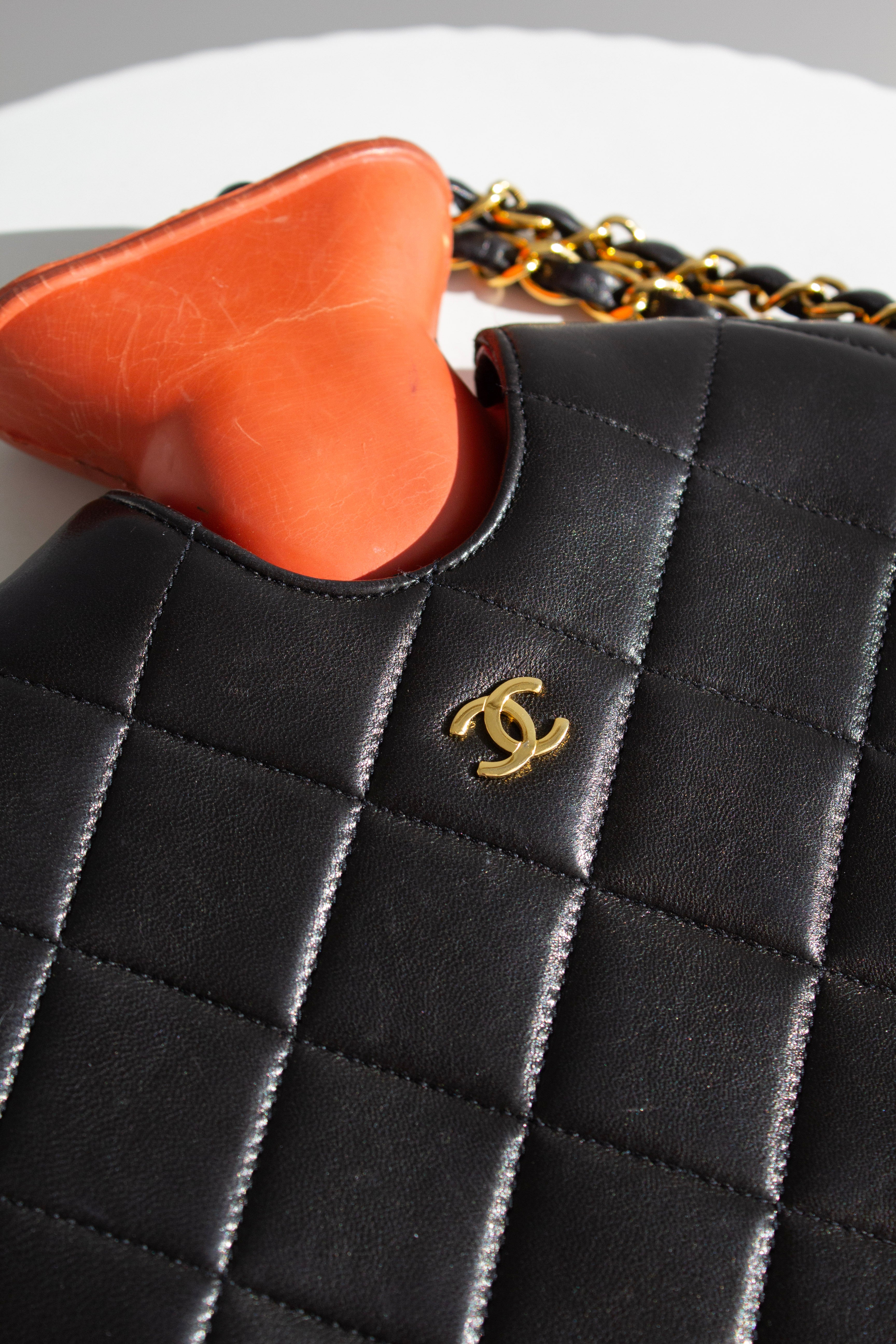 Chanel Fall/Winter 1993 Black Quilted Lambskin Red 24K Gold-Plated Hot Water Bottle