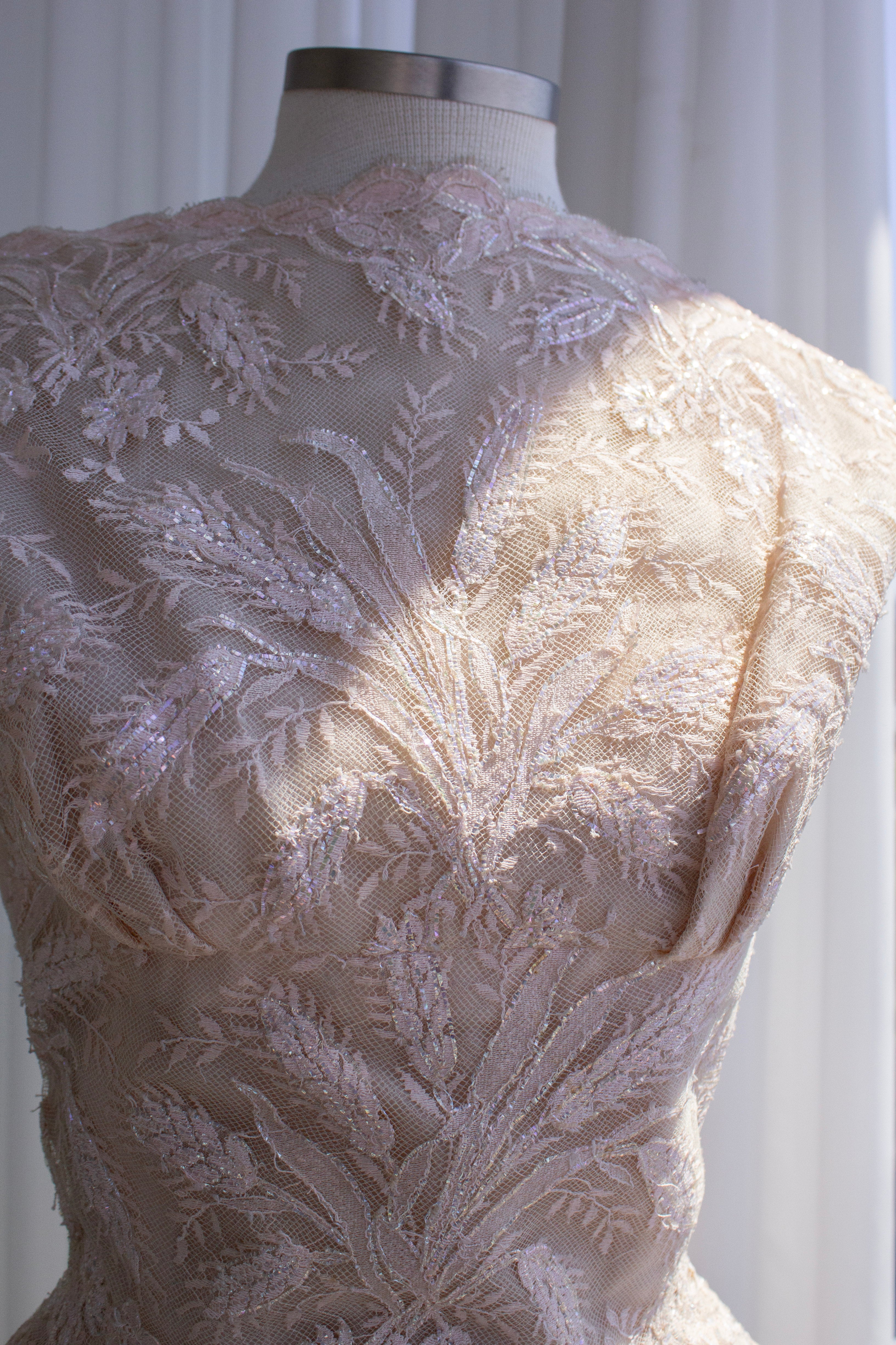Chanel Haute Couture S/S 1960 Blush Pink Lace Wheat Dress