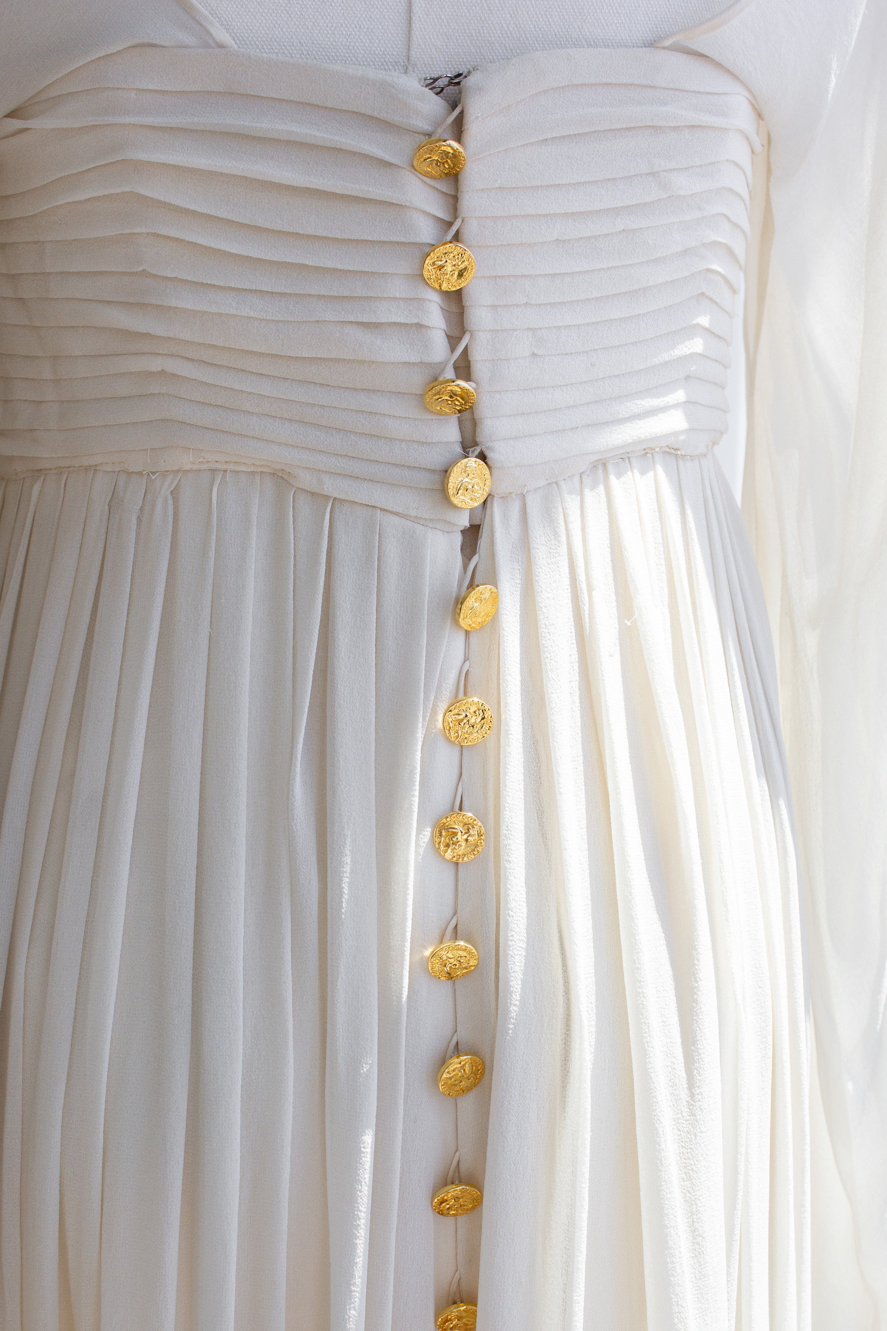 Rare Chanel Vintage S/S 1989 Grecian Goddess Ivory Gold Pleated Gown