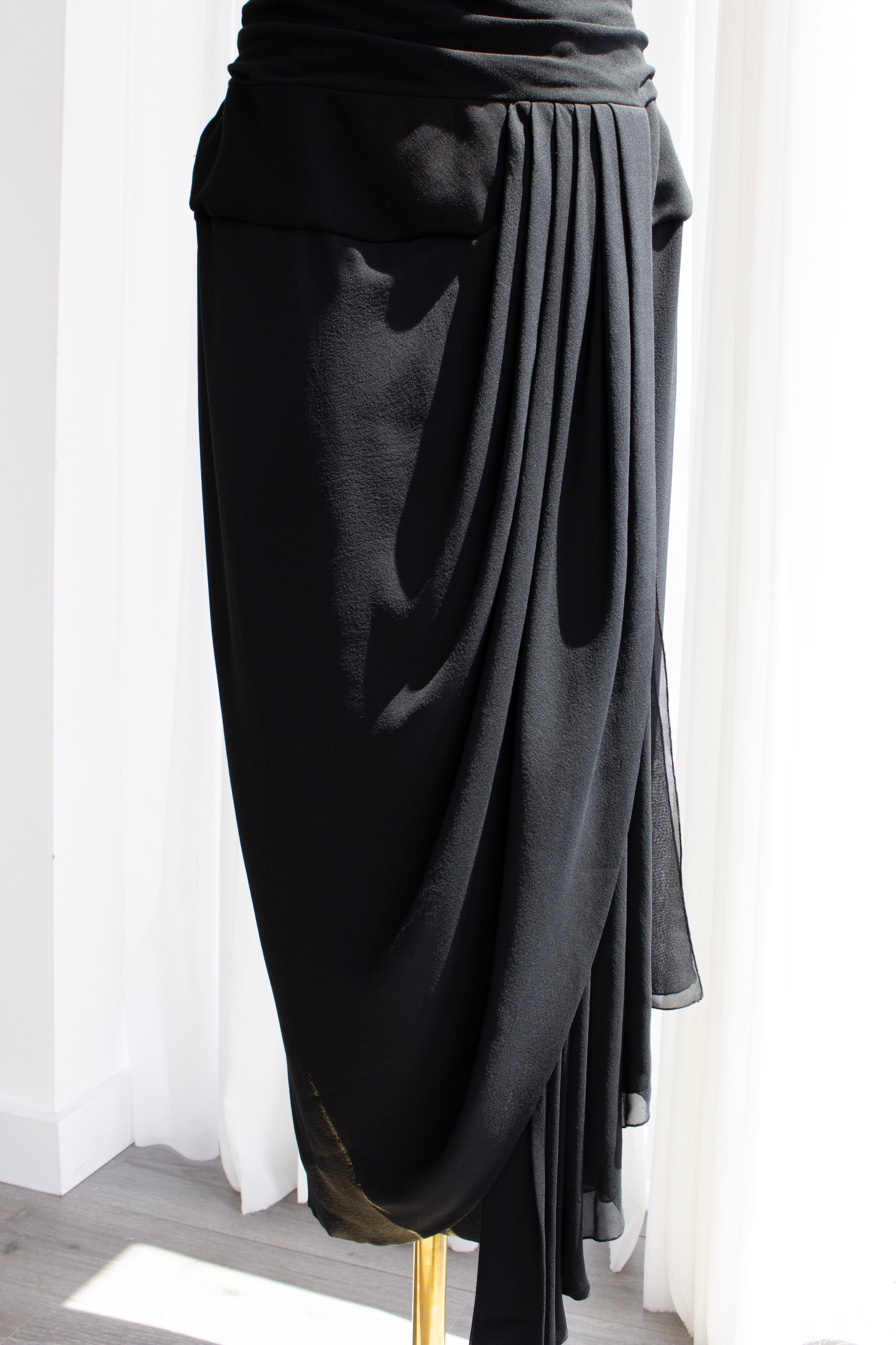 Chanel S/S 1990 Vintage Black Pleated Grecian Collar Gown