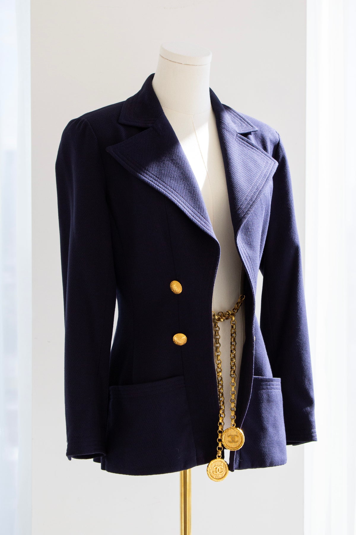 Chanel S/S 1993 Navy Blue Cotton Gold Chain 93P CC Medallion Jacket