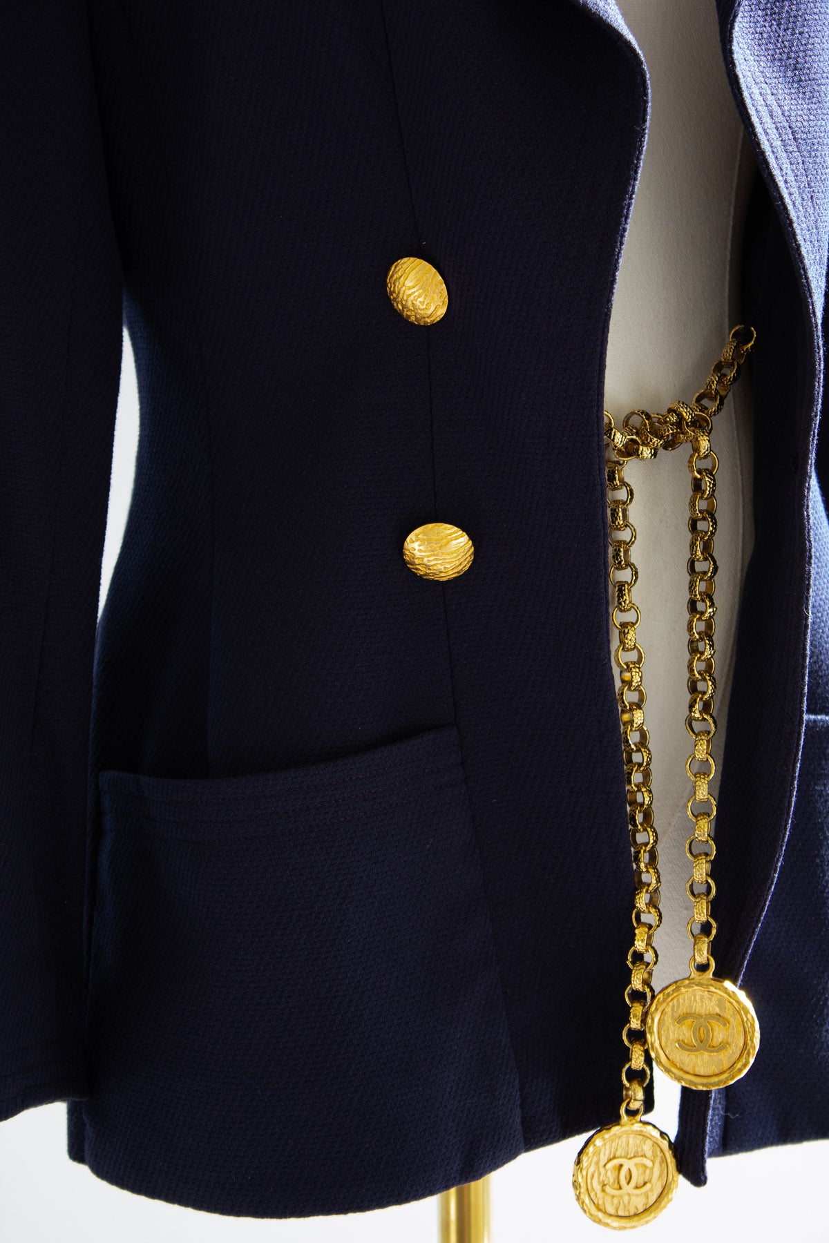 Chanel S/S 1993 Navy Blue Cotton Gold Chain 93P CC Medallion Jacket