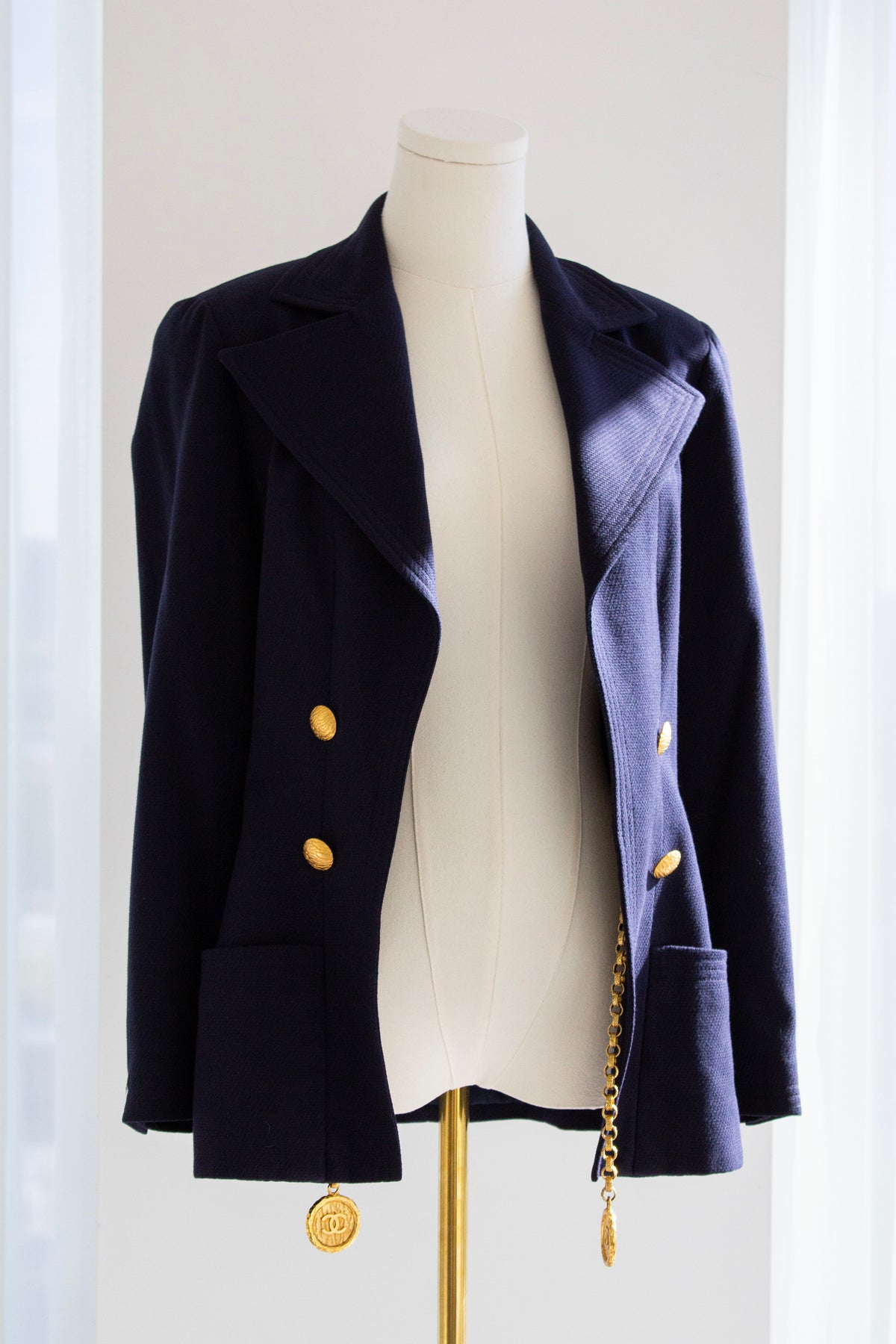 Chanel S/S 1993 Navy Blue Cotton Gold Chain 93P CC Medallion Jacket