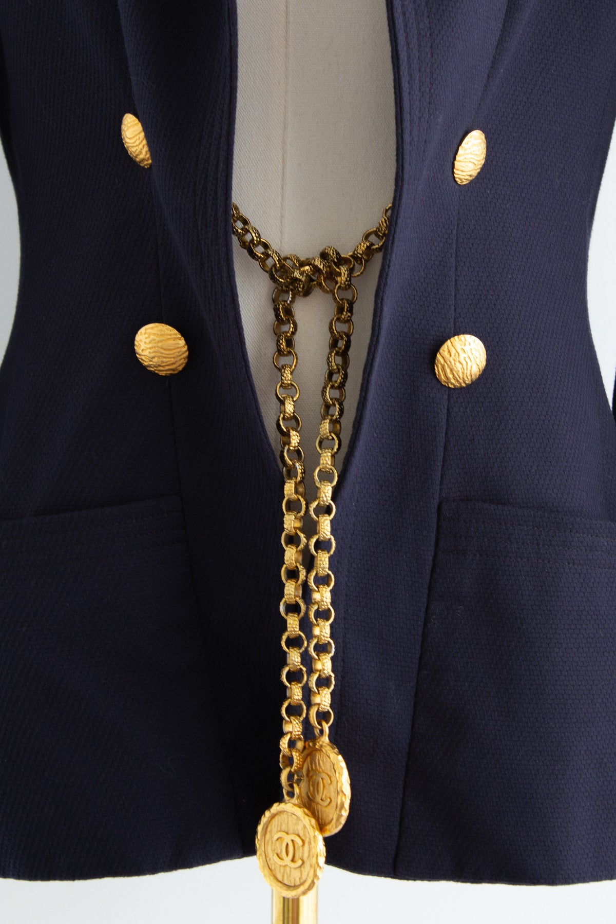 Chanel S/S 1993 Navy Blue Cotton Gold Chain 93P CC Medallion Jacket