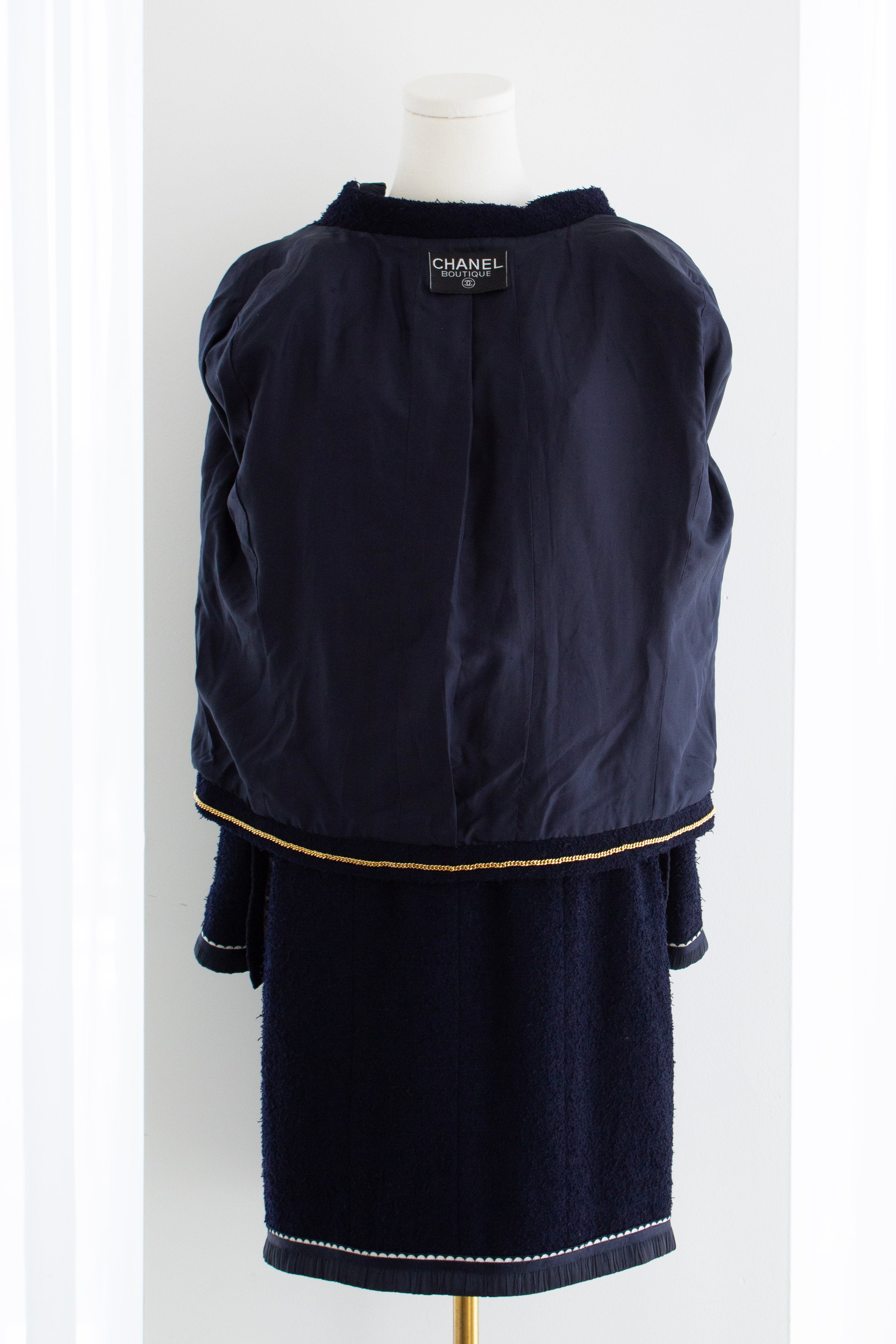 Chanel Vintage S/S1994  Navy Blue Logo Bow 94P Jacket Skirt Suit