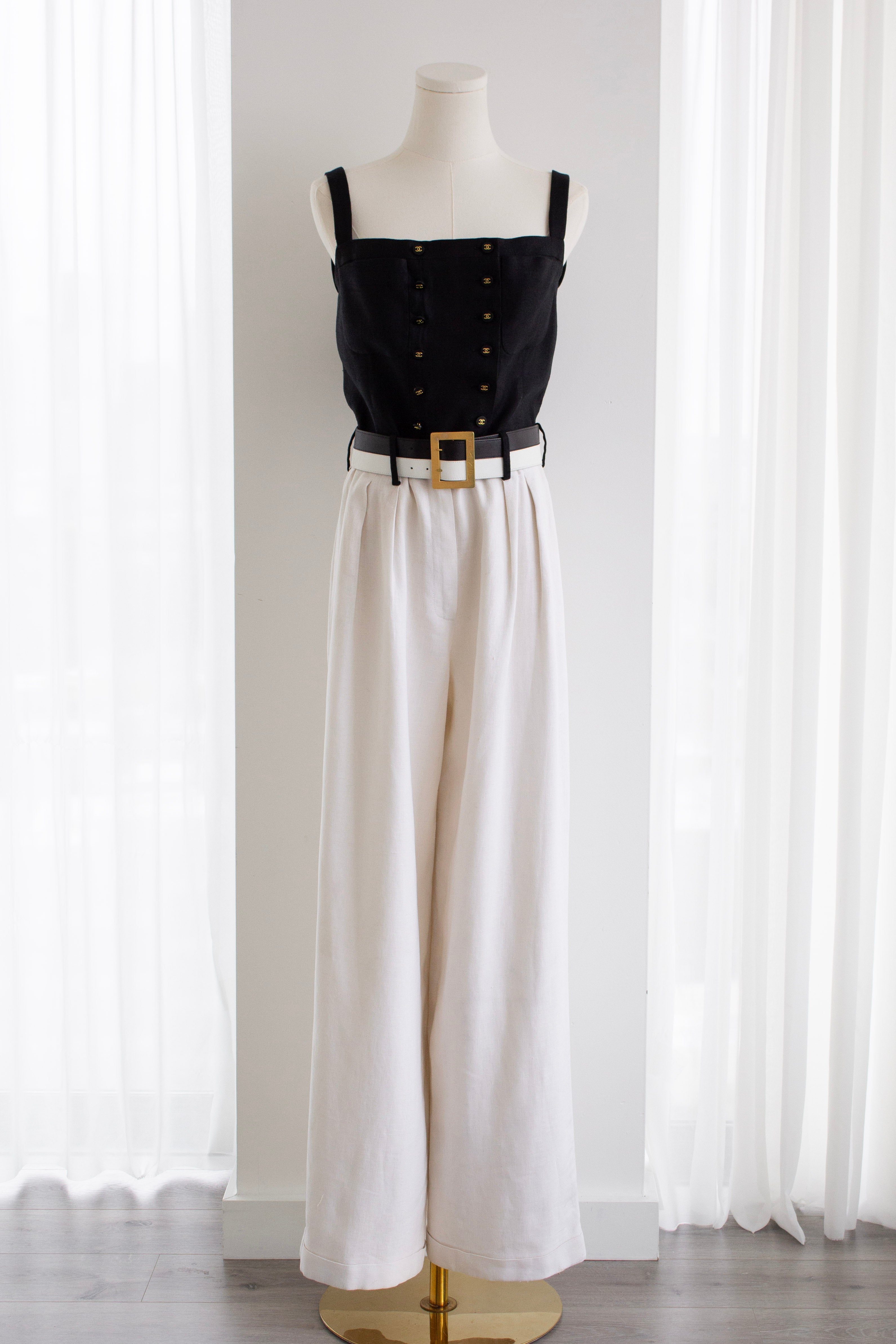 Chanel Vintage S/S 1995 Barbie Black White CC 95P Belt Linen Jumpsuit