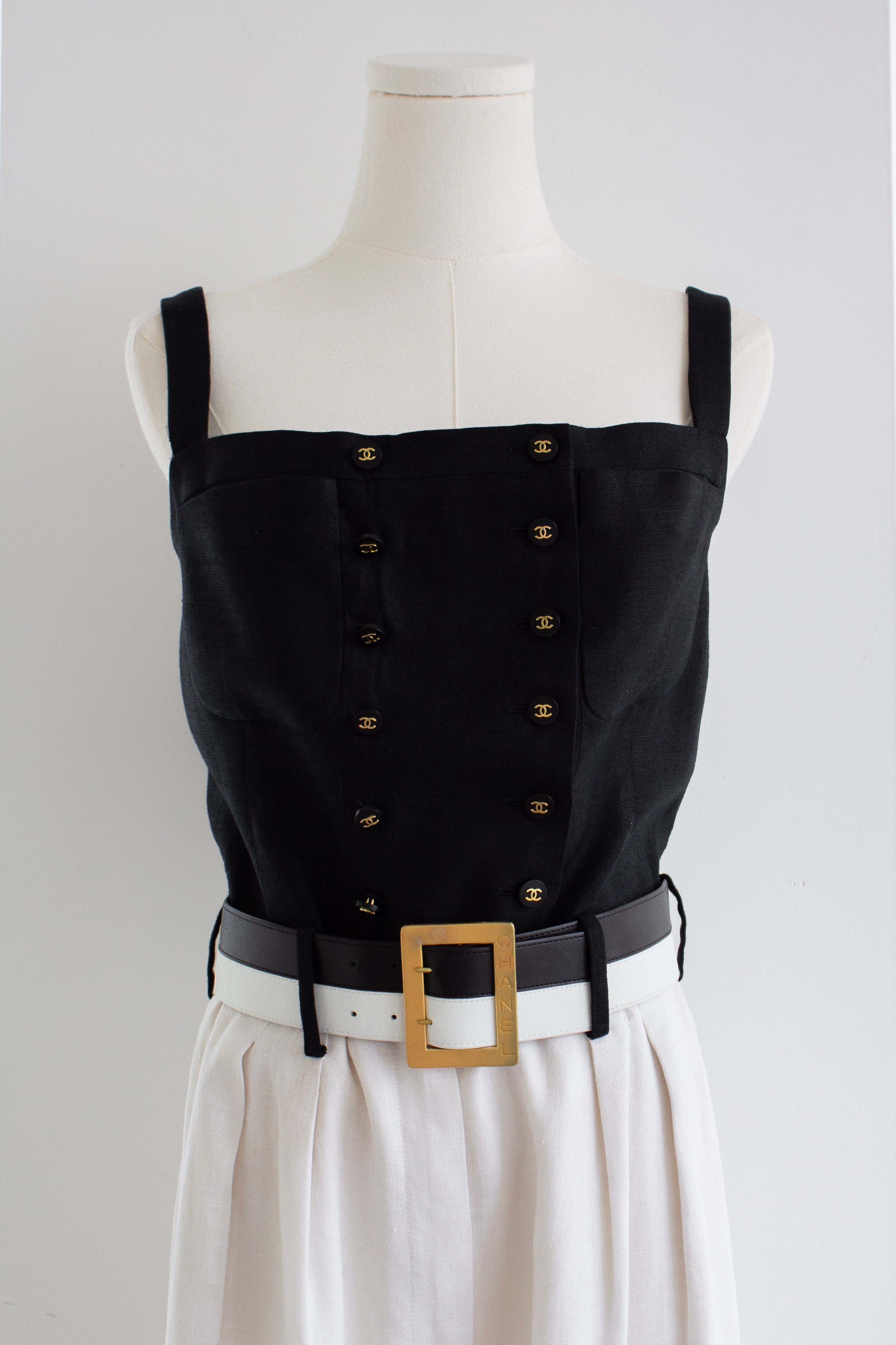 Chanel Vintage S/S 1995 Barbie Black White CC 95P Belt Linen Jumpsuit